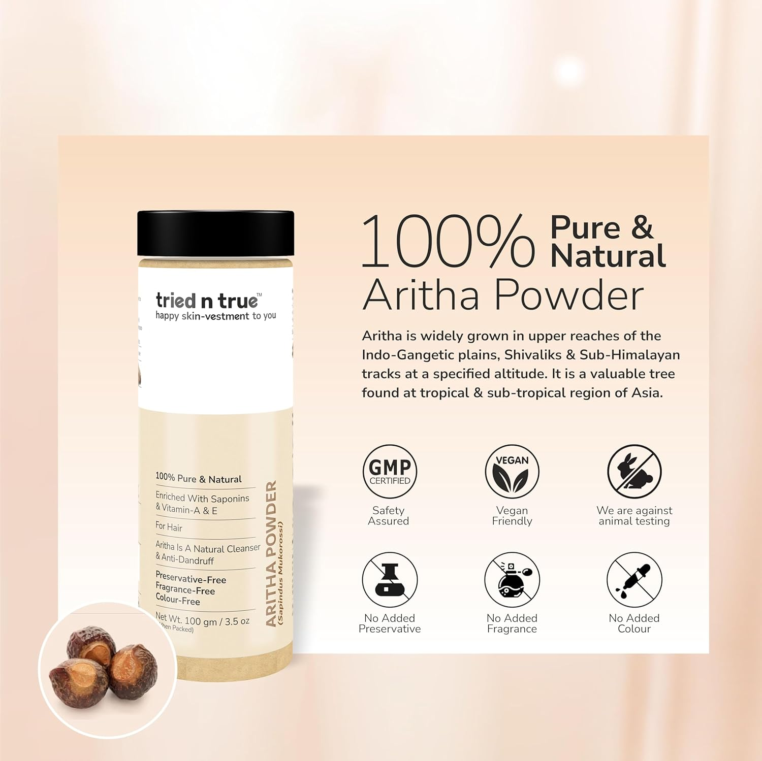 Tried N True Aritha Powder/Reetha Powder for Hair/Soapnut/Pure and Natural Hair Pack for Hair Cleansing/For Men and Women -100G image number 3