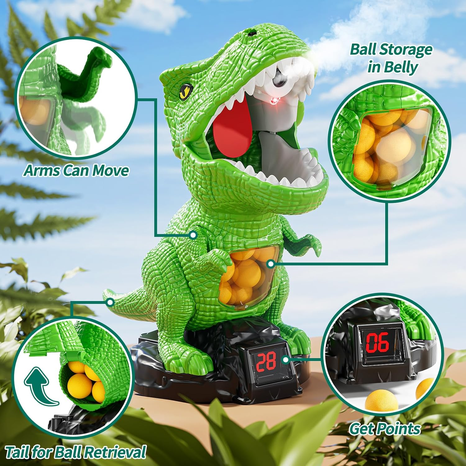 JUKUDAHU Dinosaur Shooting Toys for Kids Age 3 4 5 6 7 - Moveable Dinosaur Toy with Scoreboard, Light Sound Spraying, 12 Toy Balls, Competition Game Gifts for Boys Girls Age 5-7 6-8 8-10 (Green)