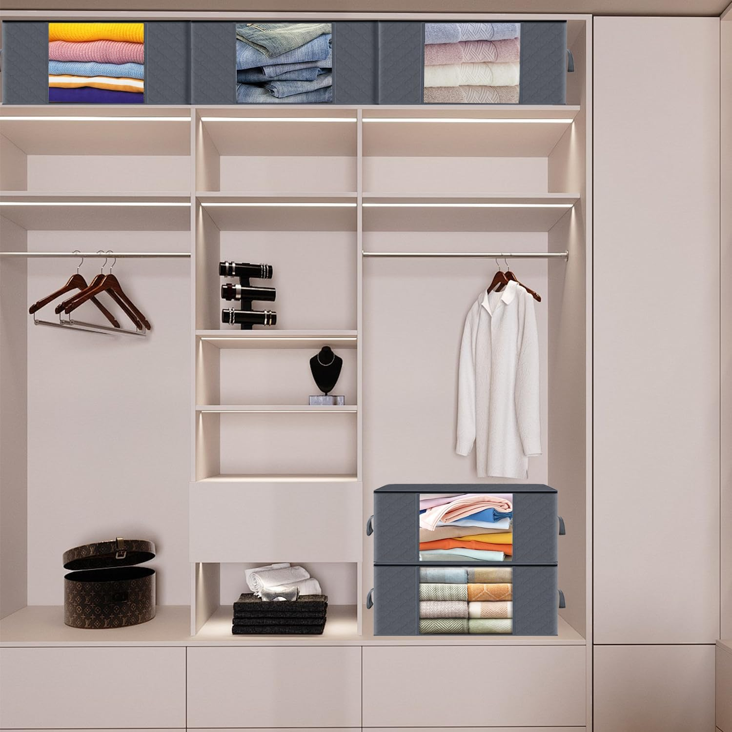 LAMCAN 6 Pack Linen Storage, 35L Storage Bags, Foldable with Reinforced Handle. Wardrobe Clothes Organiser, with Transparent Window, for Organizing Bedrooms, Closets, Clothing, Quilts, Organization image number 2