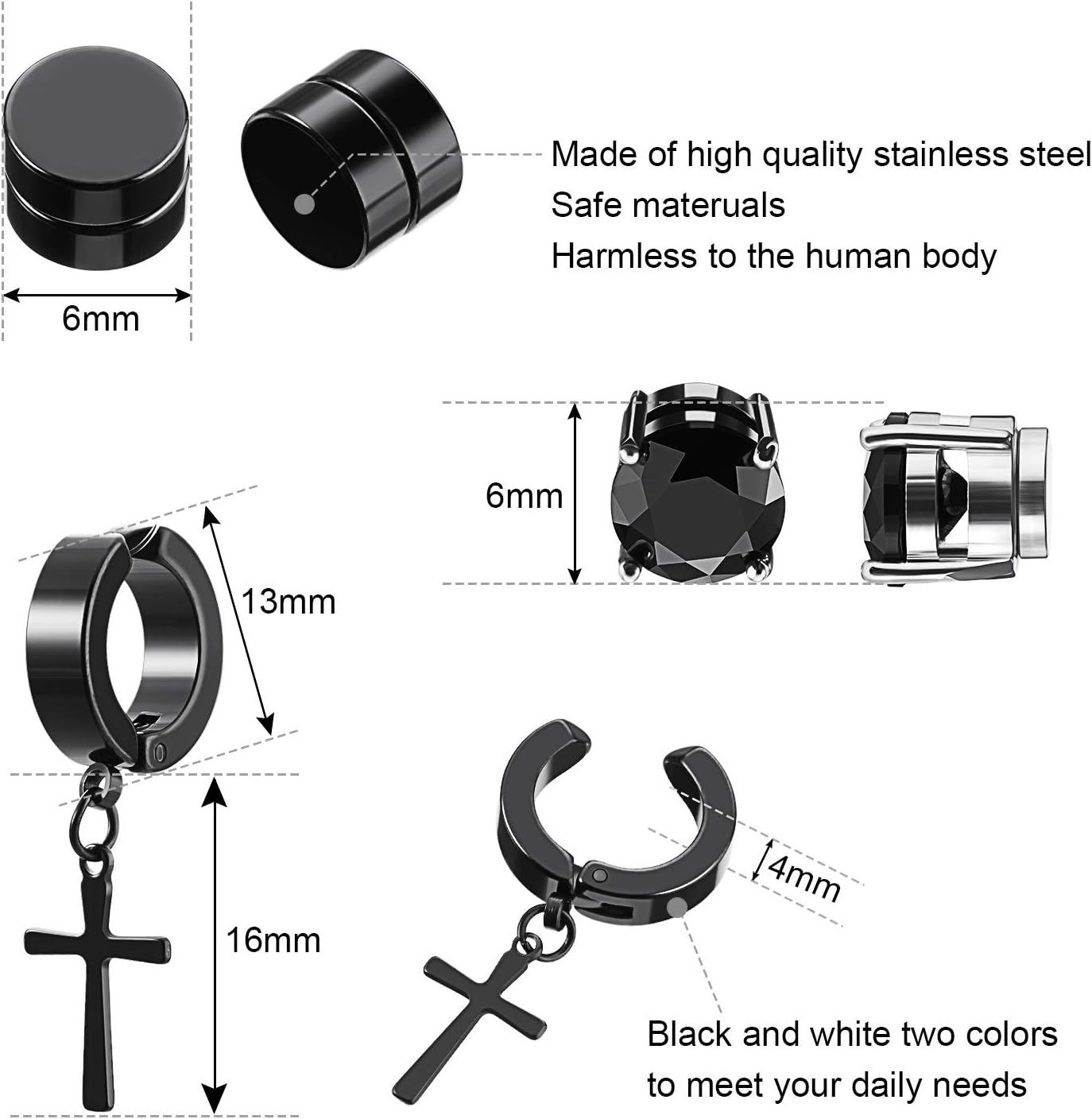 Weyeena10 Pairs Magnetic Stud Earrings for Men Stainless Steel Magnetic Earrings, Non-Piercing Cross Dangle Hoop Earrings Unisex Gauges Clip on Earring CZ Magnet Earring Set image number 3