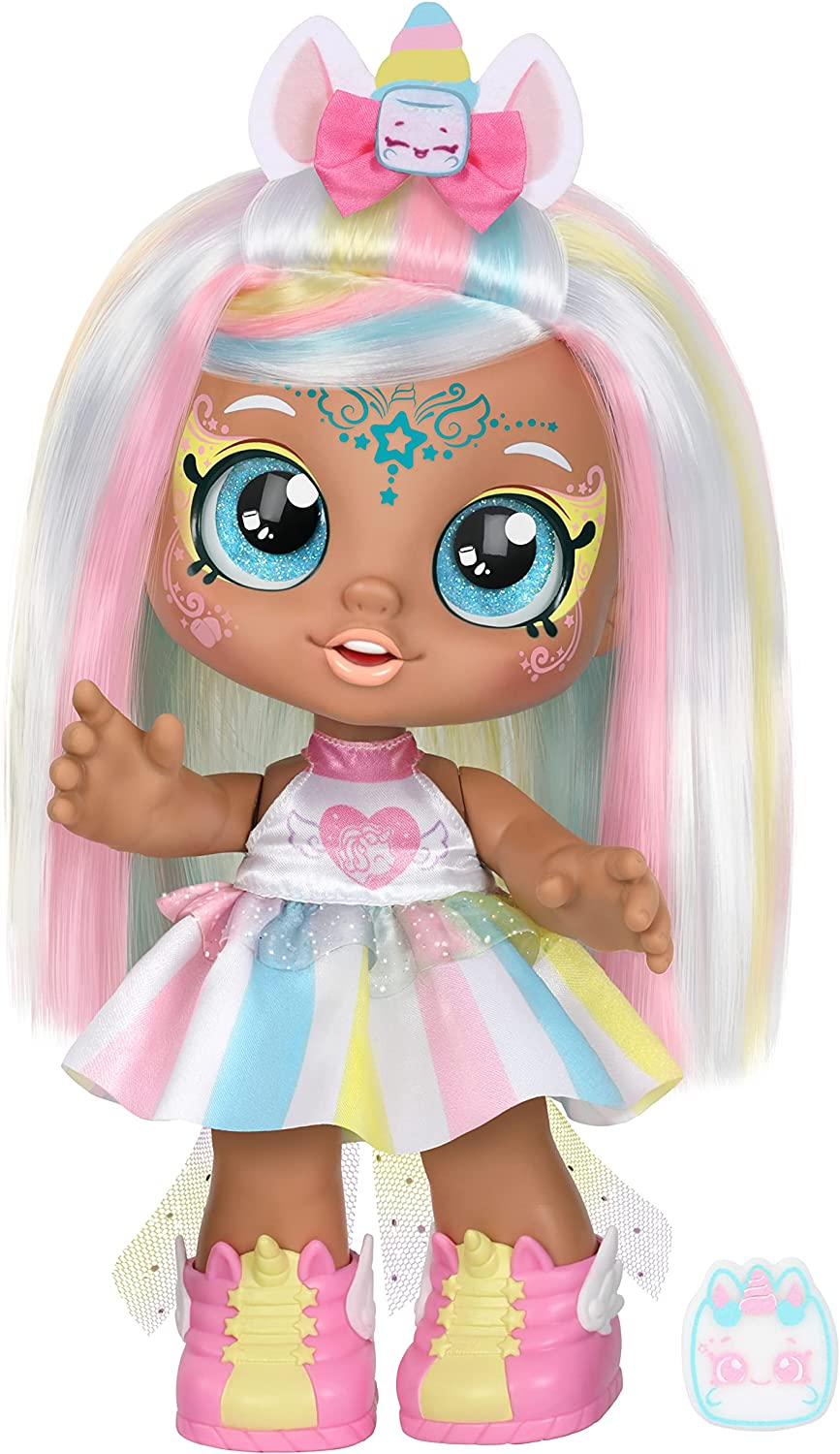 Kindi Kids Dress up Magic Marsha Mello Unicorn Toddler Doll with Face Paint Reveal. 1 Doll with Magic Sponge. Big Glittery Eyes, Bobble Head, Changeable Clothes and Removable Shoes., Pink (50246) image number 4