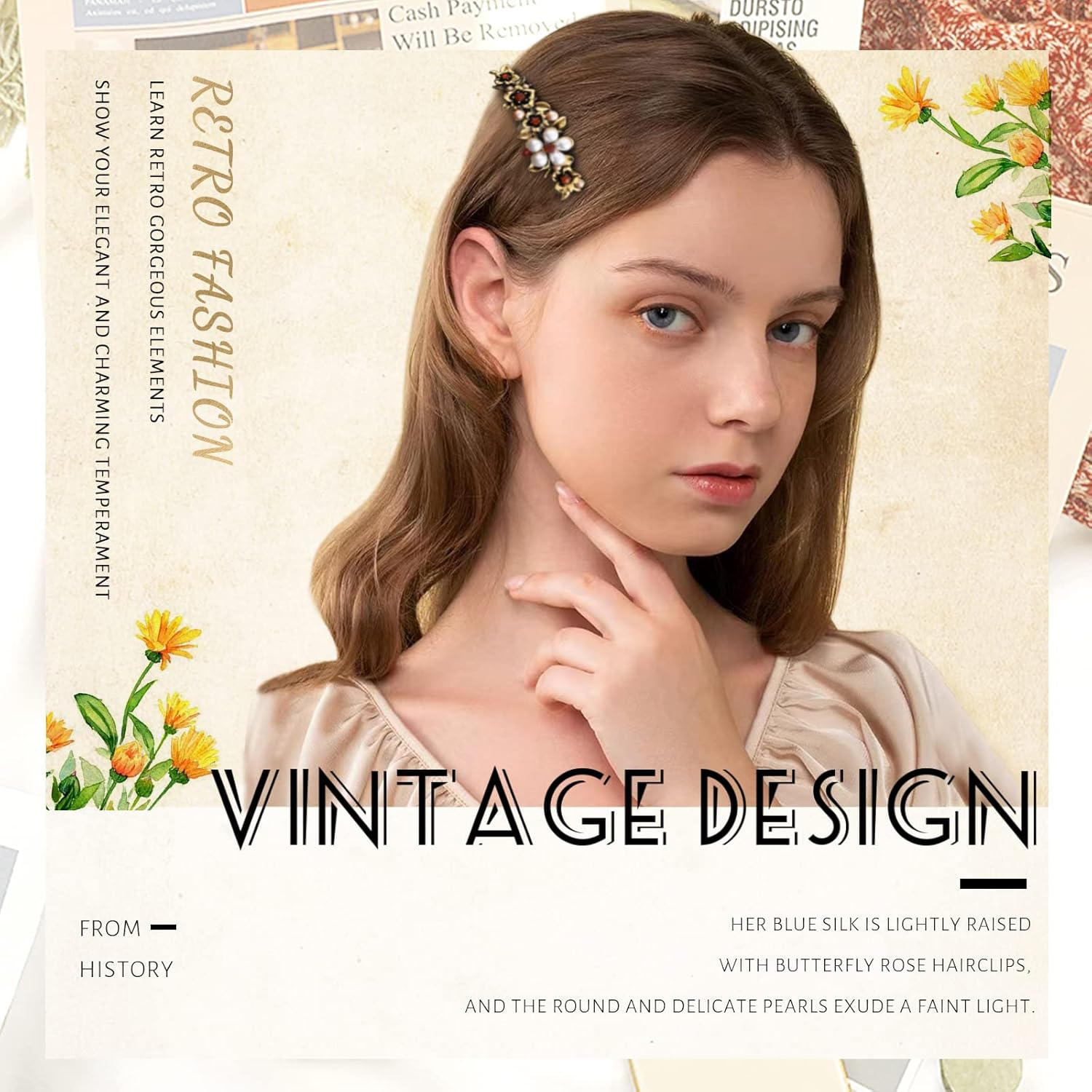 Kavya Automatic Hair Clips, Women'S Thin Hair, Pack of 2 French Vintage Hair Clips, Large Metal Flower, Fashion, Crystal Pearl, Flower Hair Clip, Large Thick Hair Flower Hair Accessories image number 2