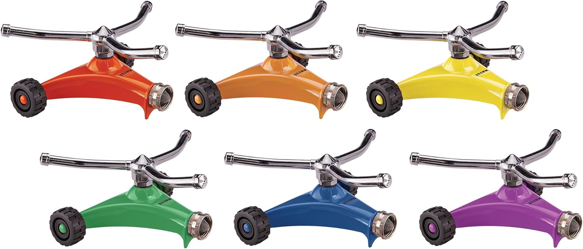 Dramm 15051 Colorstorm Premium 3-Arm Whirling Sprinkler with Heavy Duty Metal Wheeled Base, Red image number 1