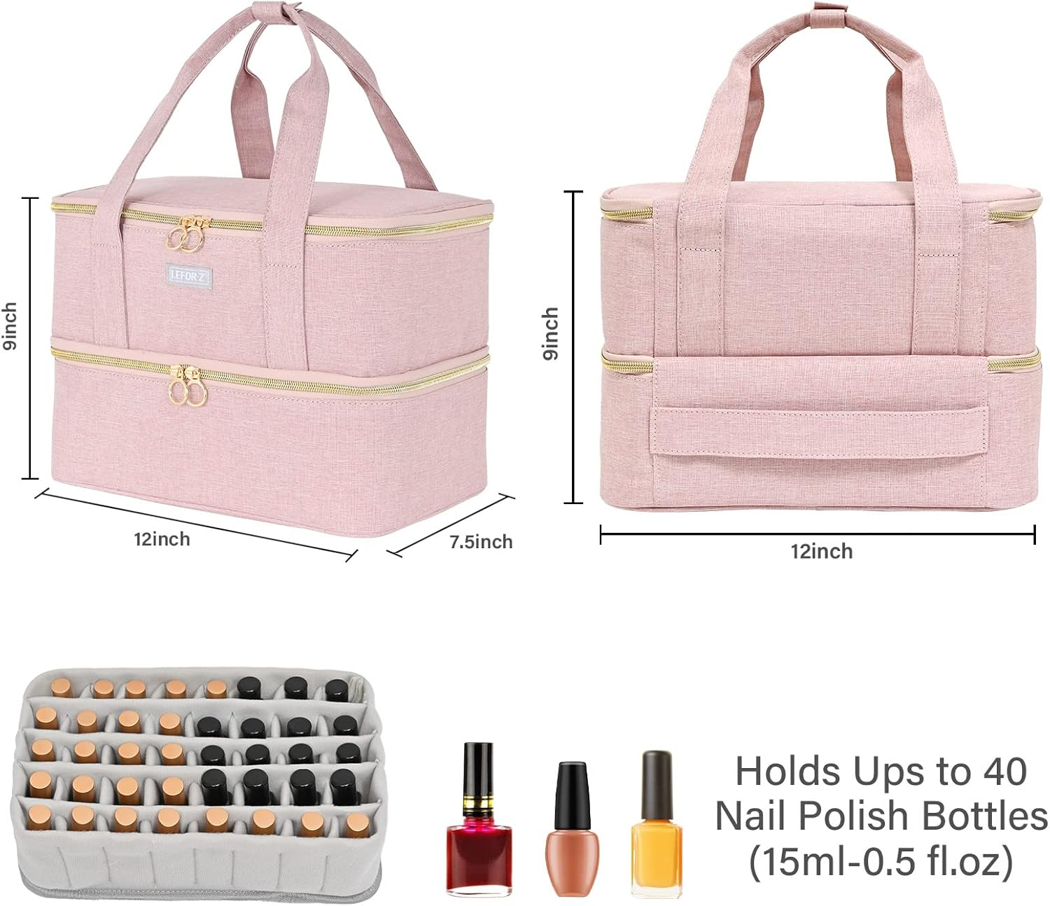 Nail Polish Organizer,Double-Layer Nail Organizers and Storage for Nail Tech,Nail Polish Carrying Case Bag Holds 40 Bottles (15Ml-0.5 Fl.Oz) and Nail Lamp,Portable Nail Polish Holder for Nail Supplies image number 2