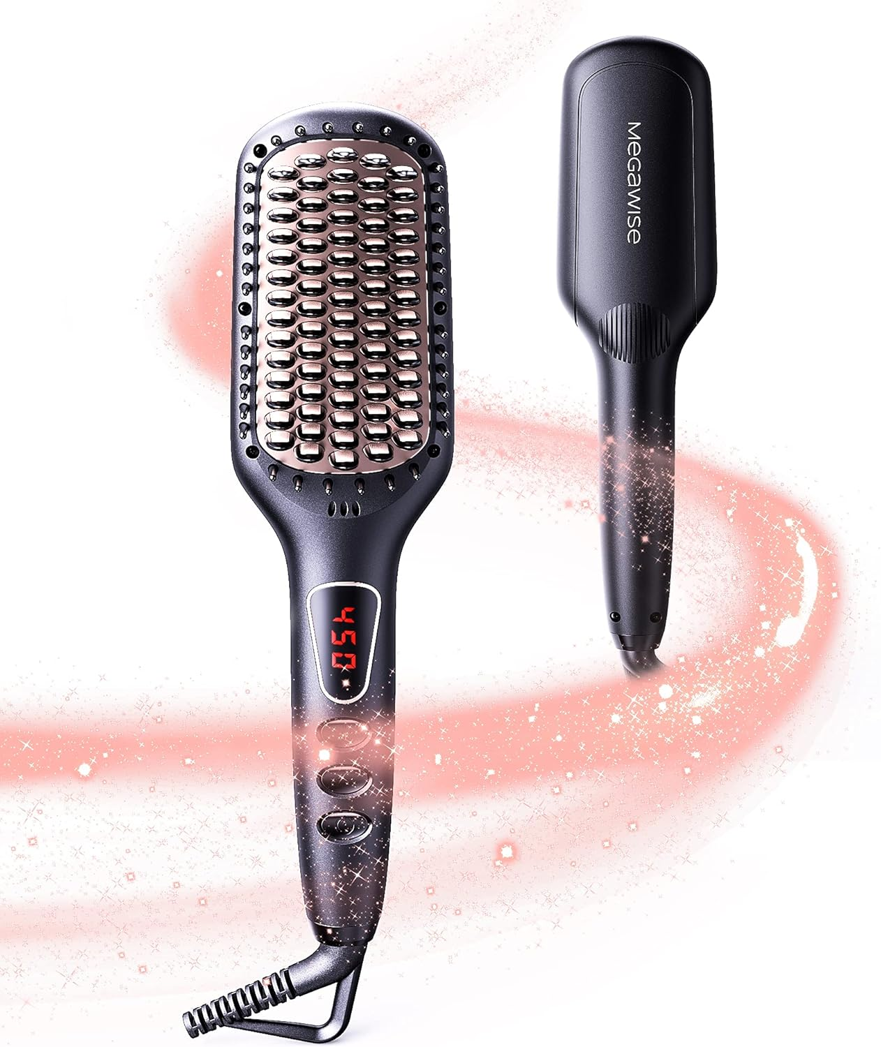 MEGAWISE Pro Ceramic Ionic Hair Straightener Brush for Home Salon, Straightening Hair Brush with 20S Heating Tech, Auto-Off, Anti-Scald with Universal Dual Voltage,Rotatable Power Cord, Black image number 5