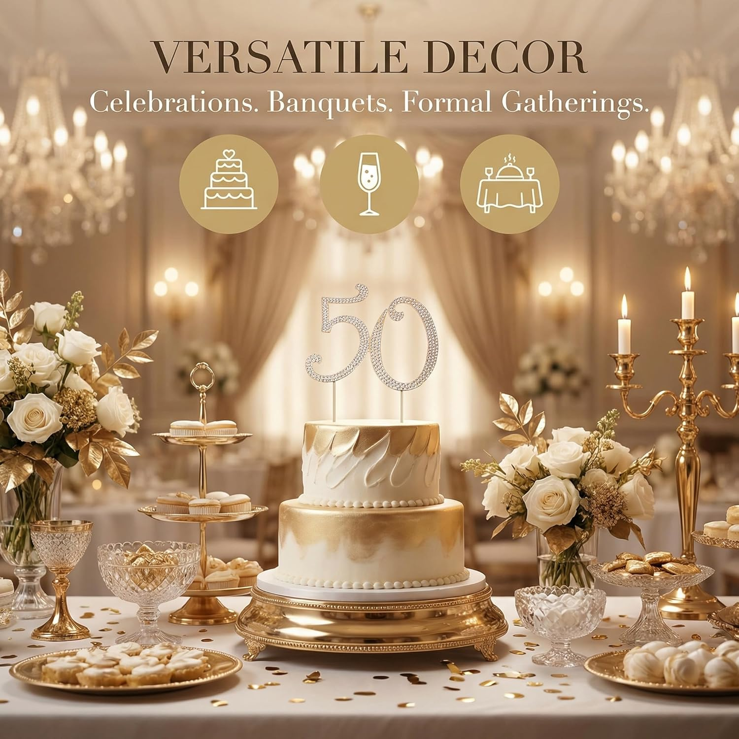 Toddmomy 50 Gold 50Th Anniversary Bling Rhinestone 50Th Birthday Crystal Cake Decoration