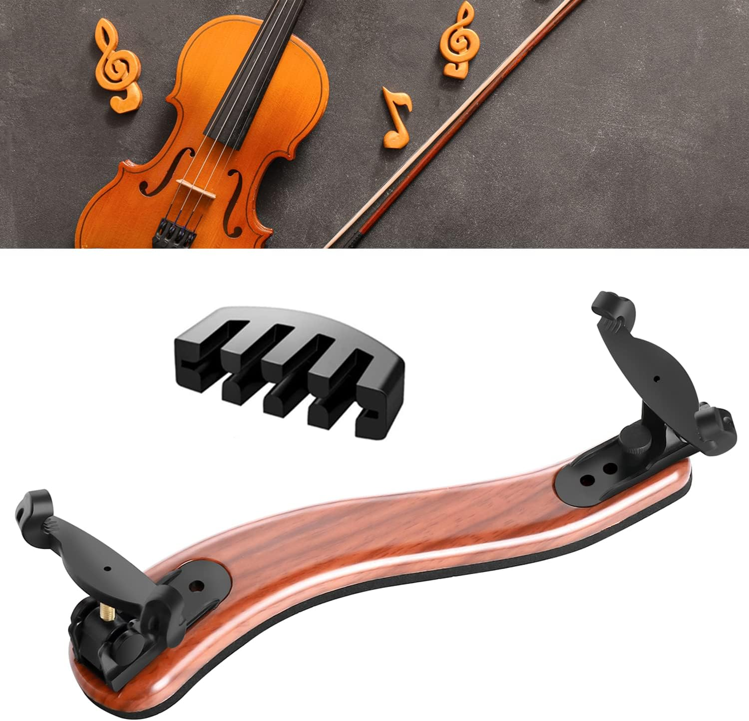 SUEWIO Violin Shoulder Rest for 1/2 Size, [Imitation Wood Grain] Violin Shoulder Rest with Comfortable Foam Pad & Height Adjustable Feet
