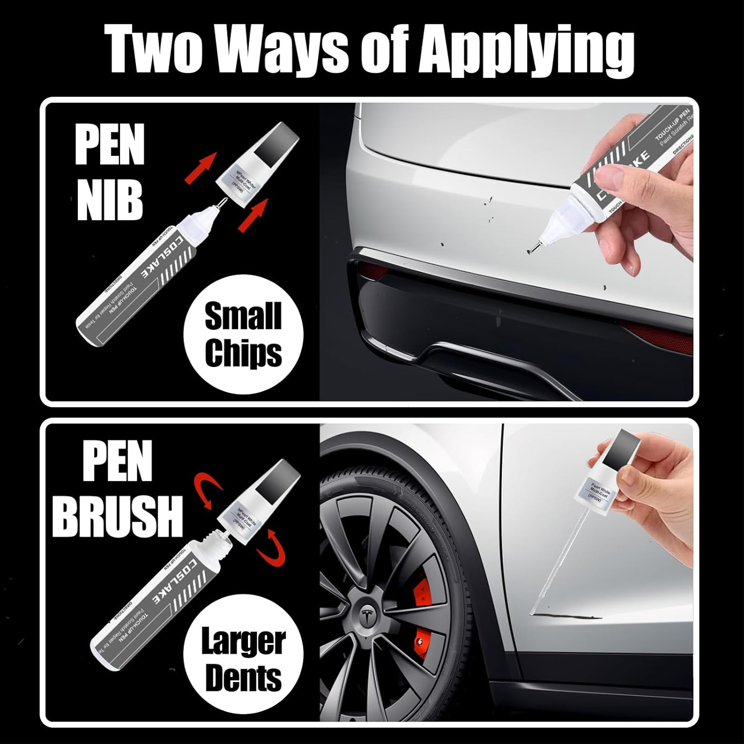 COSLAKE Car Touch up Paint(Pearl White Multi-Coat(Ppsw)) for Tesla Model Y/3/S/X, Car Paint Scratch Repair Kit with Pen Tip & Brush & 1Mm Fine Brush, Car Scratch Remover Pen with Color-Matched For image number 4