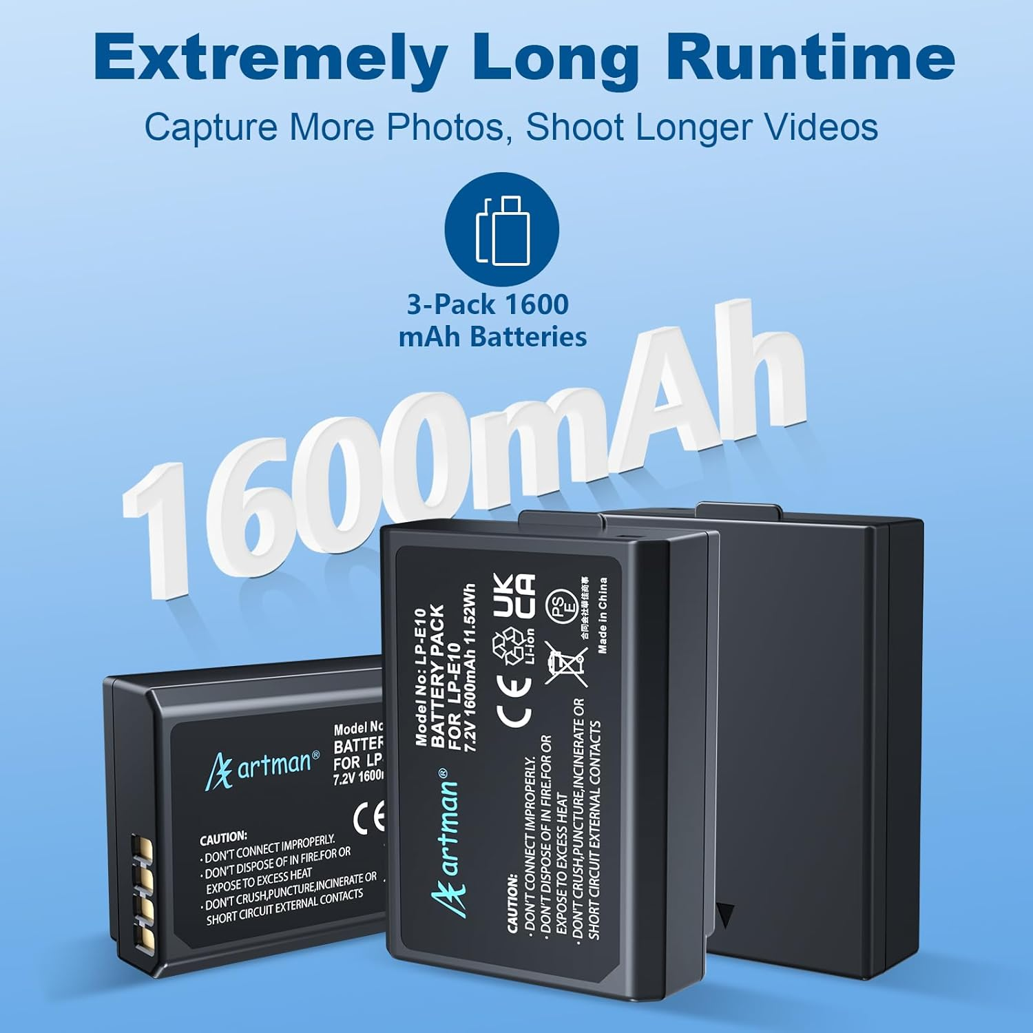 Artman LP-E10 Battery 3-Pack 1600Mah and 3-Slot LCD Charger Pack for Canon EOS Rebel T7 T6 T5 T3 T100 Kiss X50 Kiss X70 EOS 1100D 1200D 1300D 2000D Digital Cameras