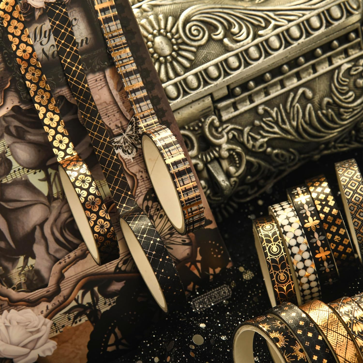 Songdao 36 Rolls Skinny Washi Tape Set Gold Foil Detailing Arts Adhesive Tapes Basic Patterns Decorative Masking Tape Sets for Craft, Kids, Scrapbook, DIY, Gift Wrapping (Black & Gold) image number 5