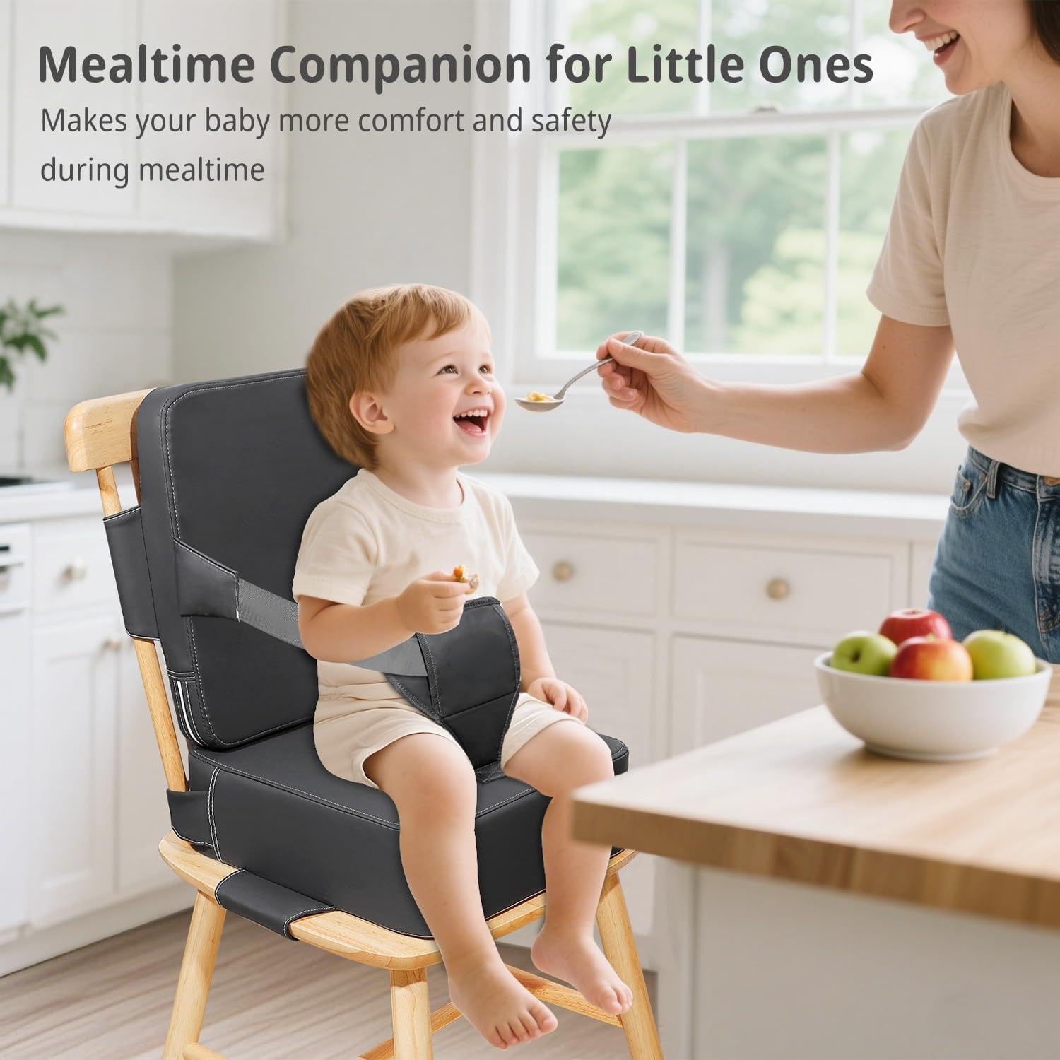 Toddler Booster Seat for Kitchen Chair, 2-In-1 Dining Table Booster Seat with Backrest & Adjustable Straps &ndash; Easy-Clean, PU Portable Toddler Eating Travel Increasing Cushion - Dark Grey - Light Khaki image number 4