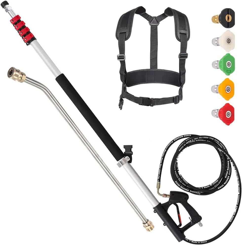 ALSTON 6M Telescoping Pressure Washer Wand Max 4000PSI Length Extendable and Adjustable with Support Belt Spray Wand and 5 Spray Nozzles for High Reach Roof Fence