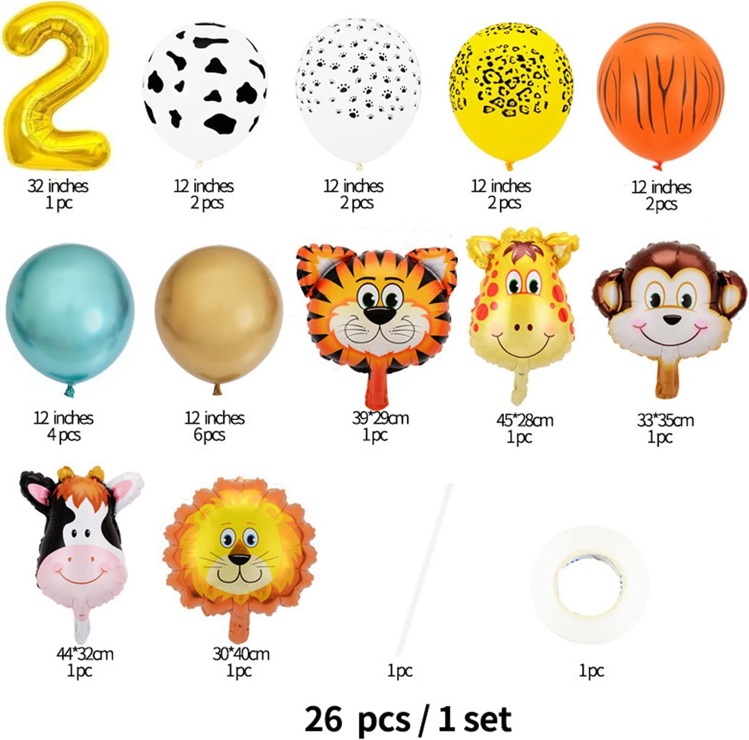 Jungle Safari Birthday Number Balloonsdecorations 32Inch Number 2 Balloons 24Pcs Gold Party Decorations Backdrop Animal Balloons for Birthday Party Supplies - 2Th image number 2