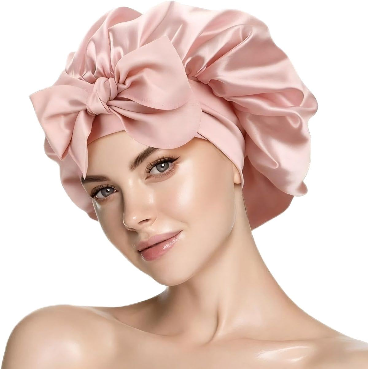 Double Layer Satin Sleeping Bonnet for Women with Wide Bow Tie Band, Extra Large Silk for Curly Natural Hair, Breathable Hair Bonnet for Night Shower Cap Blush Pink image number 4