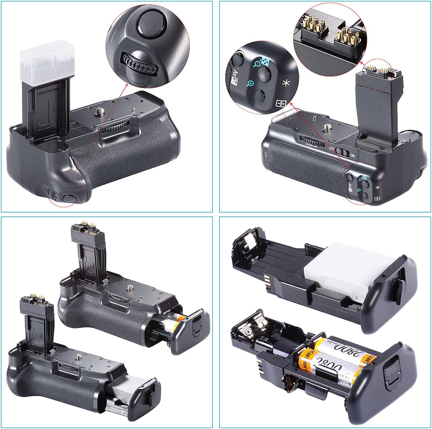 Neewer BG-E8 Replacement Battery Grip for Canon EOS 550D 600D 650D 700D Rebel T2I T3I T4I T5I DSLR Cameras, Comes with 2-Pack 1140 Mah LP-E8 Replacement Li-Ion Battery and Dual USB Battery Charger image number 4