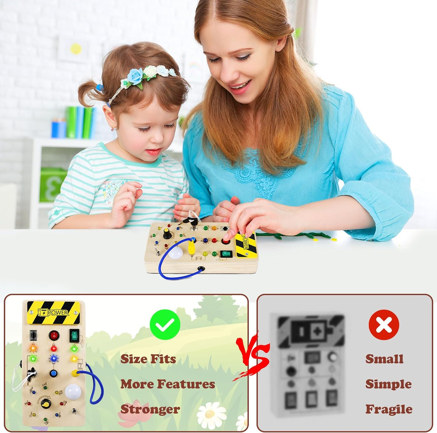 Montessori Busy Board for Toddlers LED Light Switch Busy Board Toddler Busy Board Travel Toy Wooden Sensory Toys with 8 LED Light Switches Educational Learning Toy for Toddlers Kids Gift