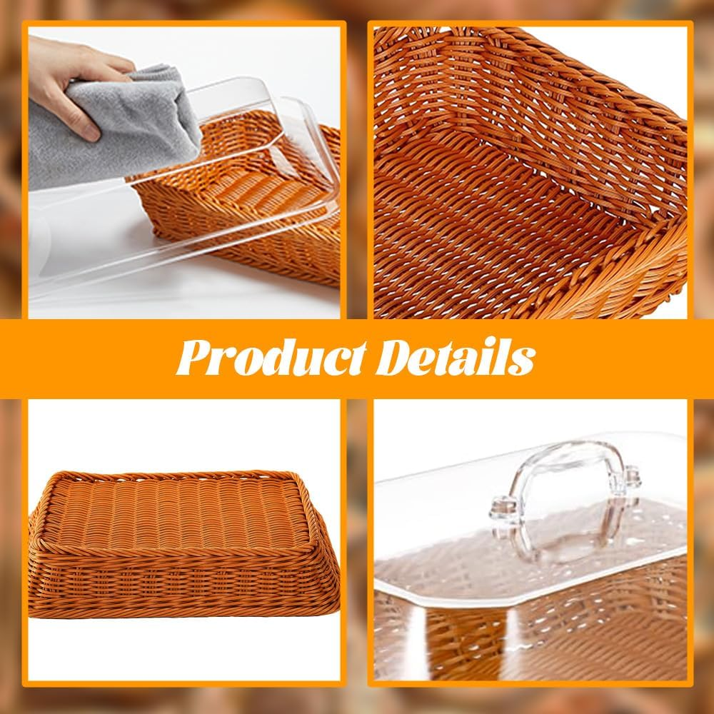 SHENMAIDAY Bread Basket with Lid, Woven Rattan Bread Basket, Desktop Food Serving Basket with Acrylic Lid, Kitchen Restaurant Fruit and Vegetable Basket, Multifunctional Storage Basket image number 1