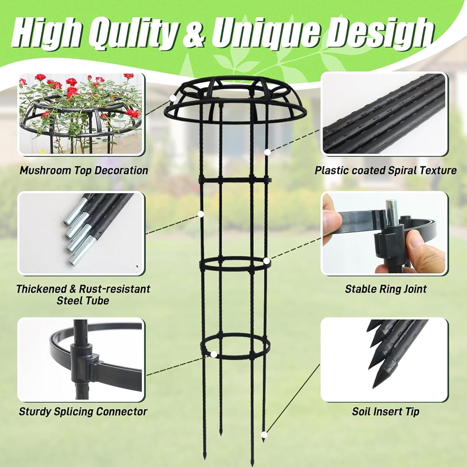 CHONYI Garden Trellis for Climbing,65 Inch Plant Trellis Support for Potted Plants Climbing, Mushroom Top Trellis for Climbing Plants Outdoor Vine Rose Clematis Vegetable Trellis image number 4