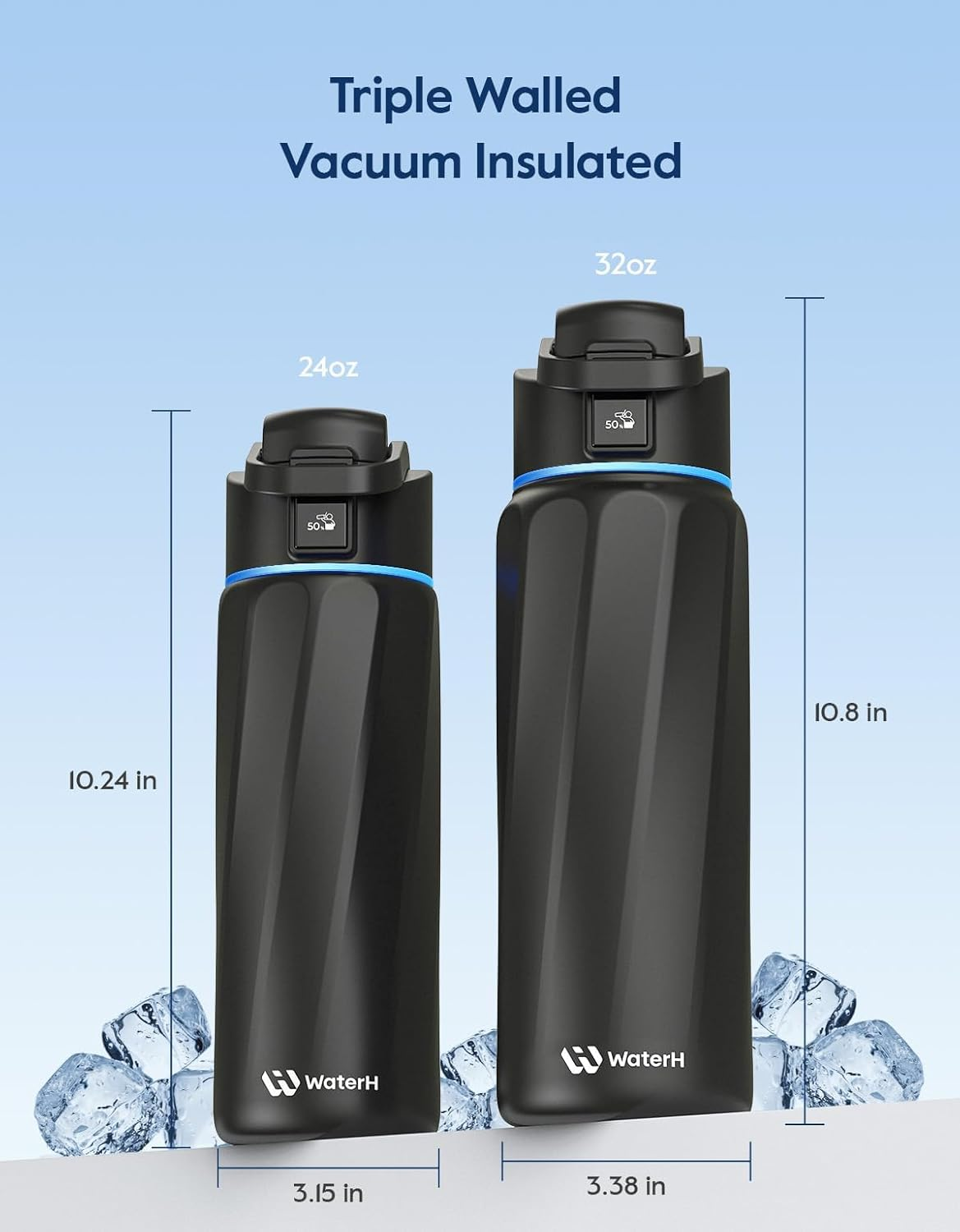 WATERH Boost Smart Water Bottle, 24Oz Bpa-Free Stainless Steel Vacuum Insulated Wide Mouth Water Tracker Bottle with APP, Ideal for Everyday Use, Gym/Fitness, Travel, Office