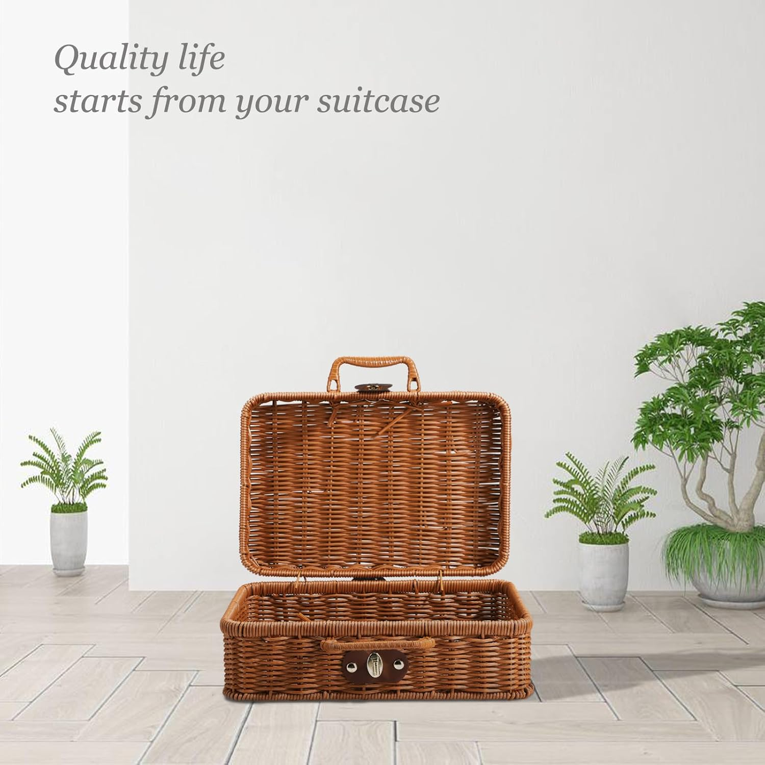Retro Plastic Wicker Suitcase,Rattan Suitcase Box with Leather Strap Lock,Wicker Picnic Basket Storage Box,Suitcase Basket Rattan Storage Basket for Picnic outside Party (A1) image number 1
