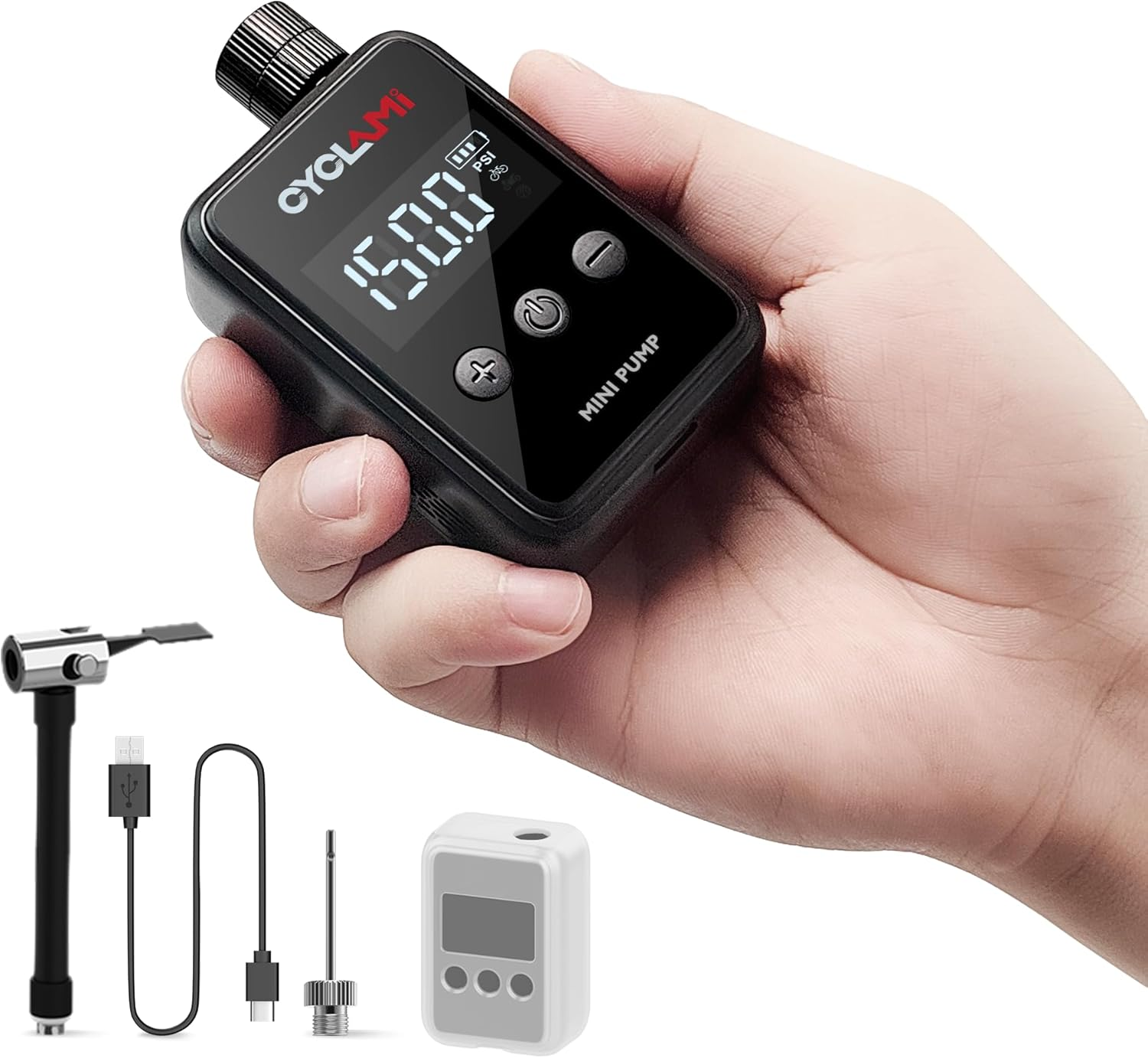 Electric Bike Pump, CYCLAMI Mini Bike Pump 150 PSI Electric Bicycle Air Pump with Digital Pressure Gauge Inflator Portable Air Compressor Presta/Schrader Valve image number 6