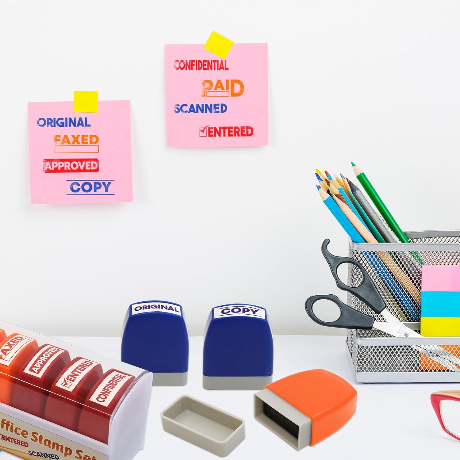 Office Stamp Set Scanned Approved Paid Completed Stamps Self Inking Business Message with Storage Tray for Coworkers Colleague Work Supplies 8Pcs