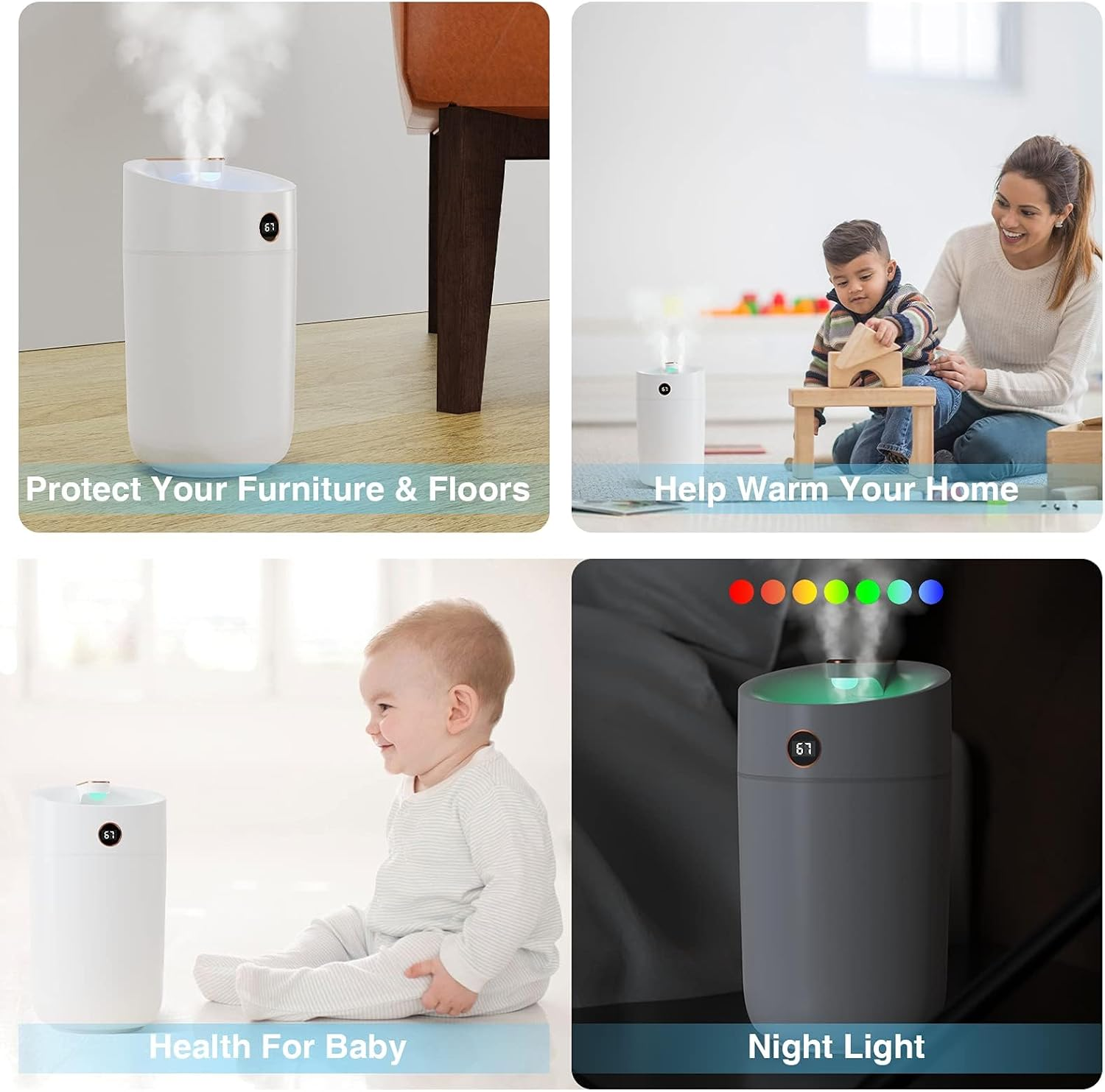 Air Humidifier for Bedroom, 3L Cool Mist Humidifier with Humidity Monitoring Top Fill, Quiet Operation, 7 Color Night Light Function, Auto Shut-Off, Double Nozzle, White image number 1