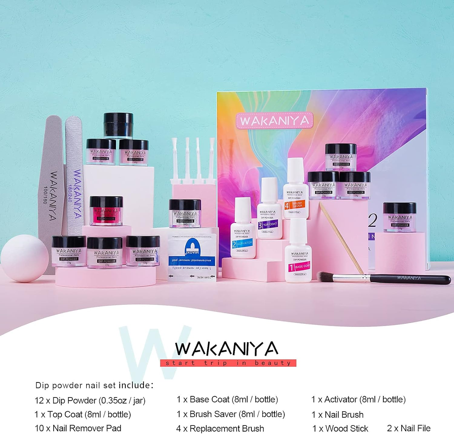 Wakaniya Dip Powder Nail Kit-12 Colors Dip Manicure Kit Pure and Glitter Dipping Powder Set with Base Top Coat for Professionals Beginners Gorgeous Fall Winter Classic French Nail Art Home Salon DIY image number 4