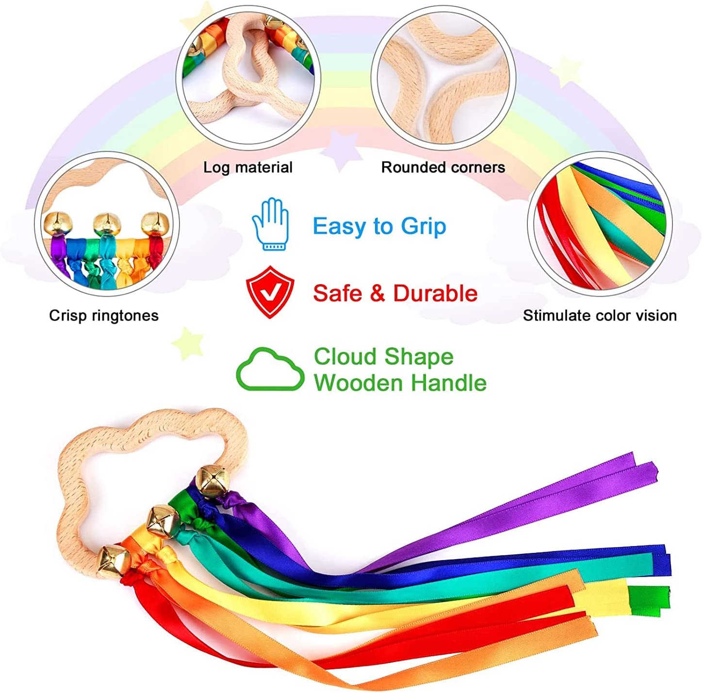 2 Pcs Waldorf Rainbow Hand Ribbon Kite Montessori Wooden Baby Toys Rainbow Twirler Stick with Bell for Babies Toddler Sensory Toys Rings image number 6