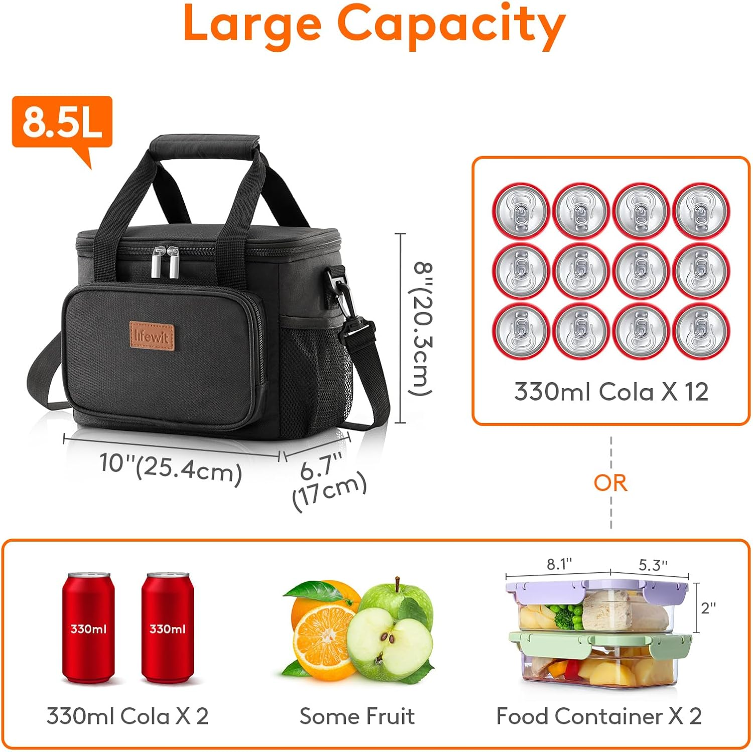 Lifewit Large Lunch Bag Insulated Lunch Box Leakproof Soft Cooler Cooling Tote for Adult Men Women, Waterproof Reusable Lunch Bags for Work Office Outdoor Picnic Camping, Black, 12-Can (8.5L) image number 2