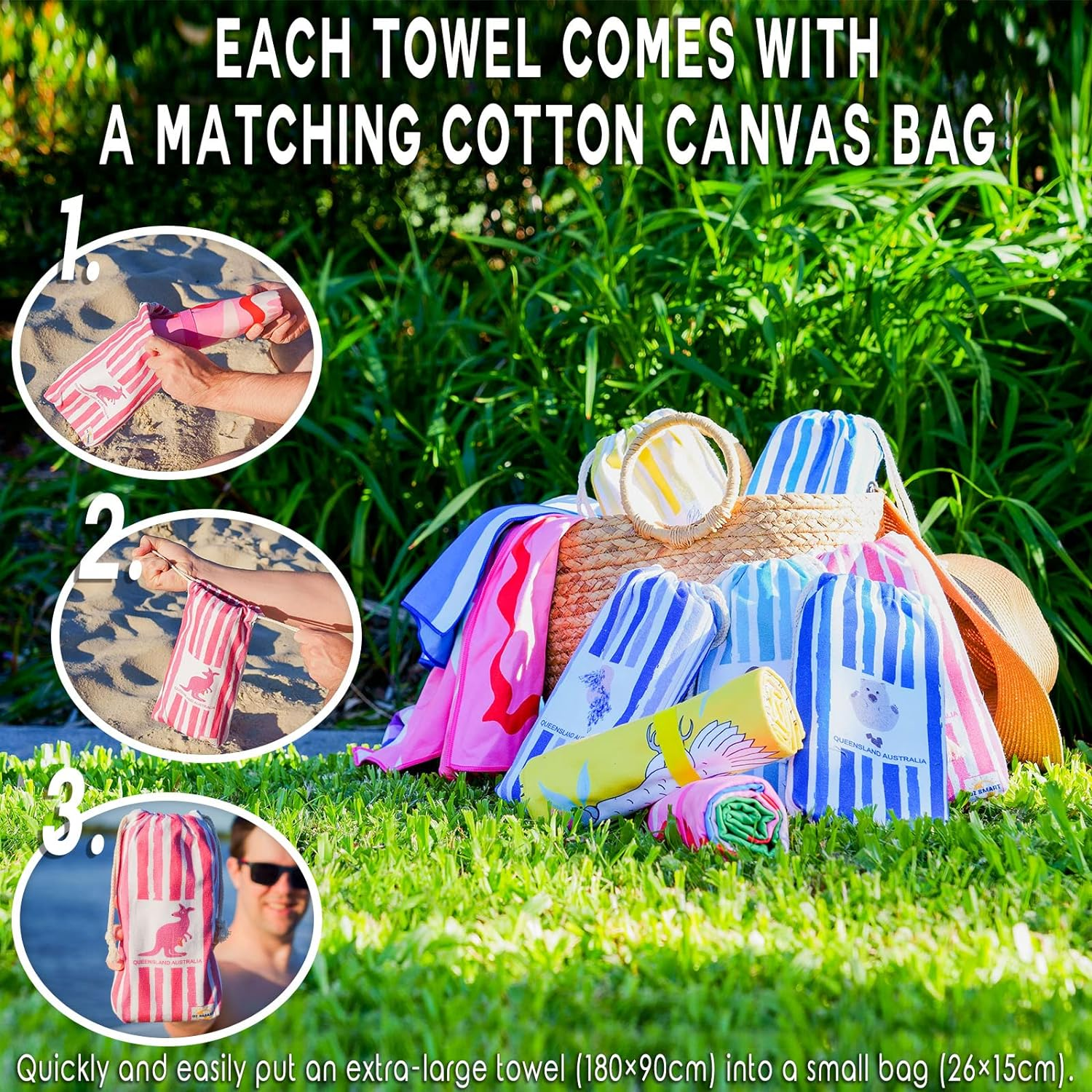 Australian Design Sand Free Beach Towel, Microfibre Quick Dry Cabana Stripe 180&times;90Cm Pool Towel, Highly Absorbent Poncho for Travel, Camping, Double-Sided Printing image number 3