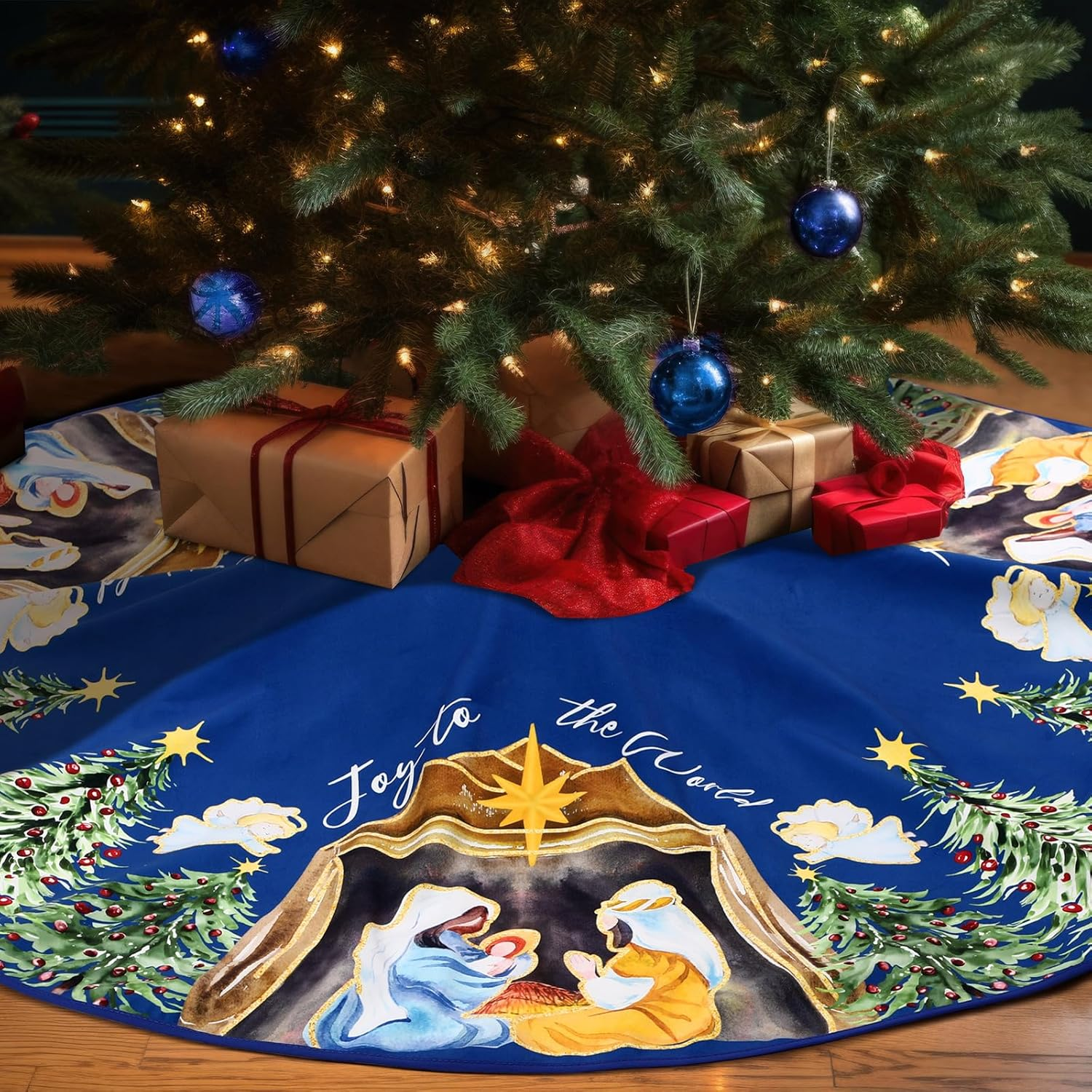 Nativity Christmas Tree Skirt Joy to the World Winter Tree Mat Nativity Scene Decorative Tree Skirt Farmhouse Xmas Ornaments Rustic Vintage Christmas Decor for Holiday Party(Blue,48 Inch) image number 5