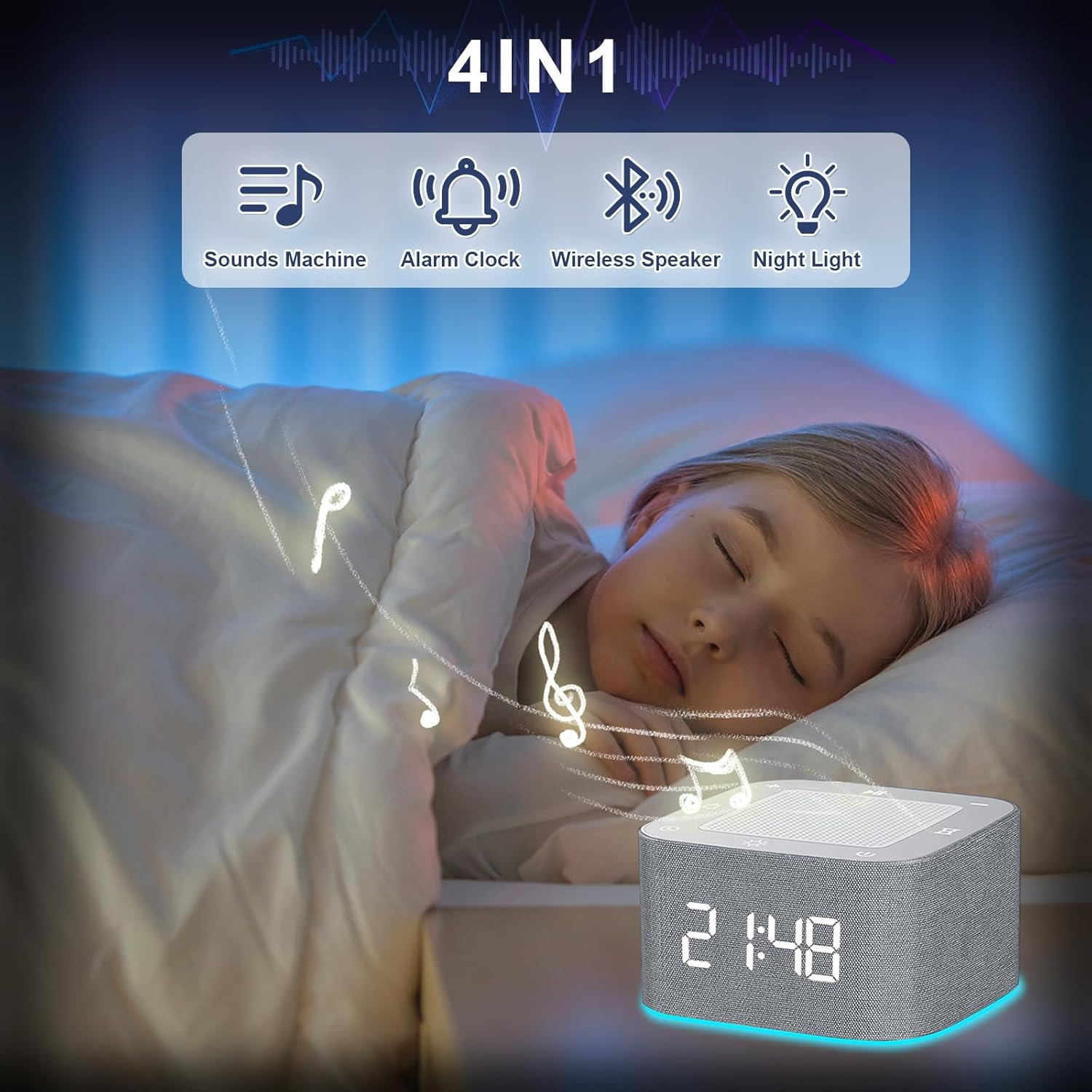Sound Machine Alarm Clock for Baby Adult, 32 Soothing Sounds White Noise Machine APP Control, Night Lights Bluetooth Speaker, Noise Machine with Dimmable Clock for Kids Teens image number 5