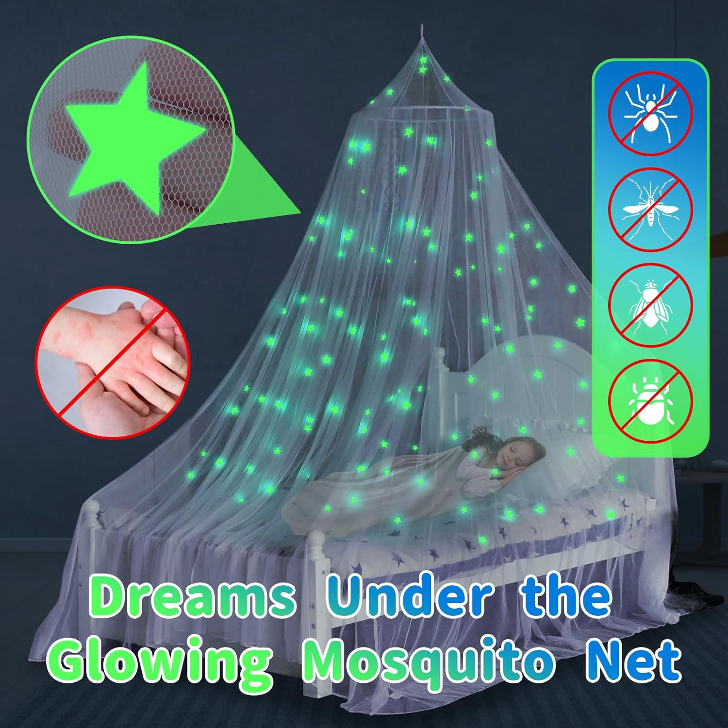 South to East Bed Canopy with Fluorescent Stars Glow in Dark for Baby, Kids, Girls or Adults, Mosquito Net Use to Cover the Baby Crib, Kid Bed, Girls Bed or Full Size Bed, Fire Retardant Fabric image number 3