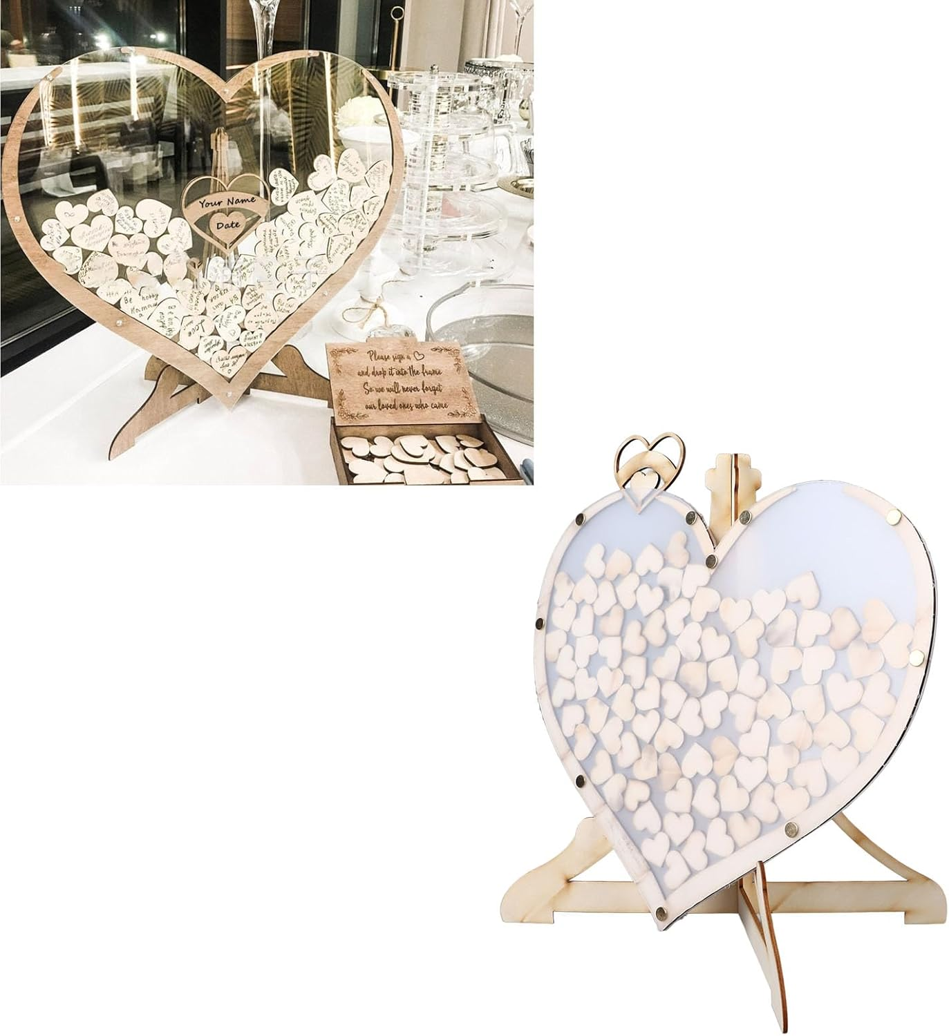 Unique Wooden Visits Book Guest Registration Design Romantic Hearts for the Ceremony Reception Weddings, Pine Wood, Acrylic image number 3