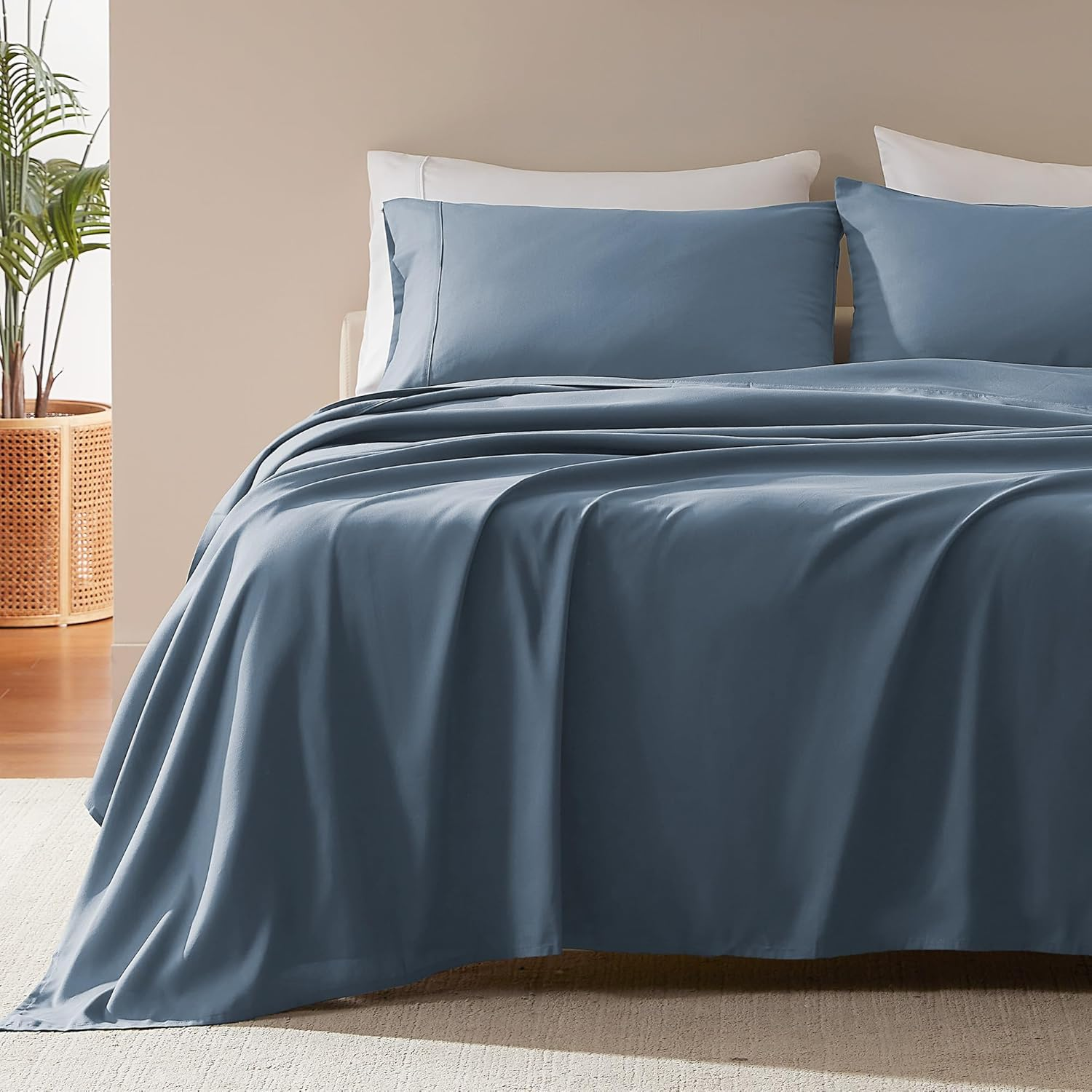Sleep Zone Nanotex Super Soft Cooling Queen Bed Sheets Set 4 Piece - Easy Care Fitted Flat Sheet & Pillowcase Sets - Wrinkle Free, Fade Resistant, Deep Pocket 16" (Flint Blue, Queen) image number 2