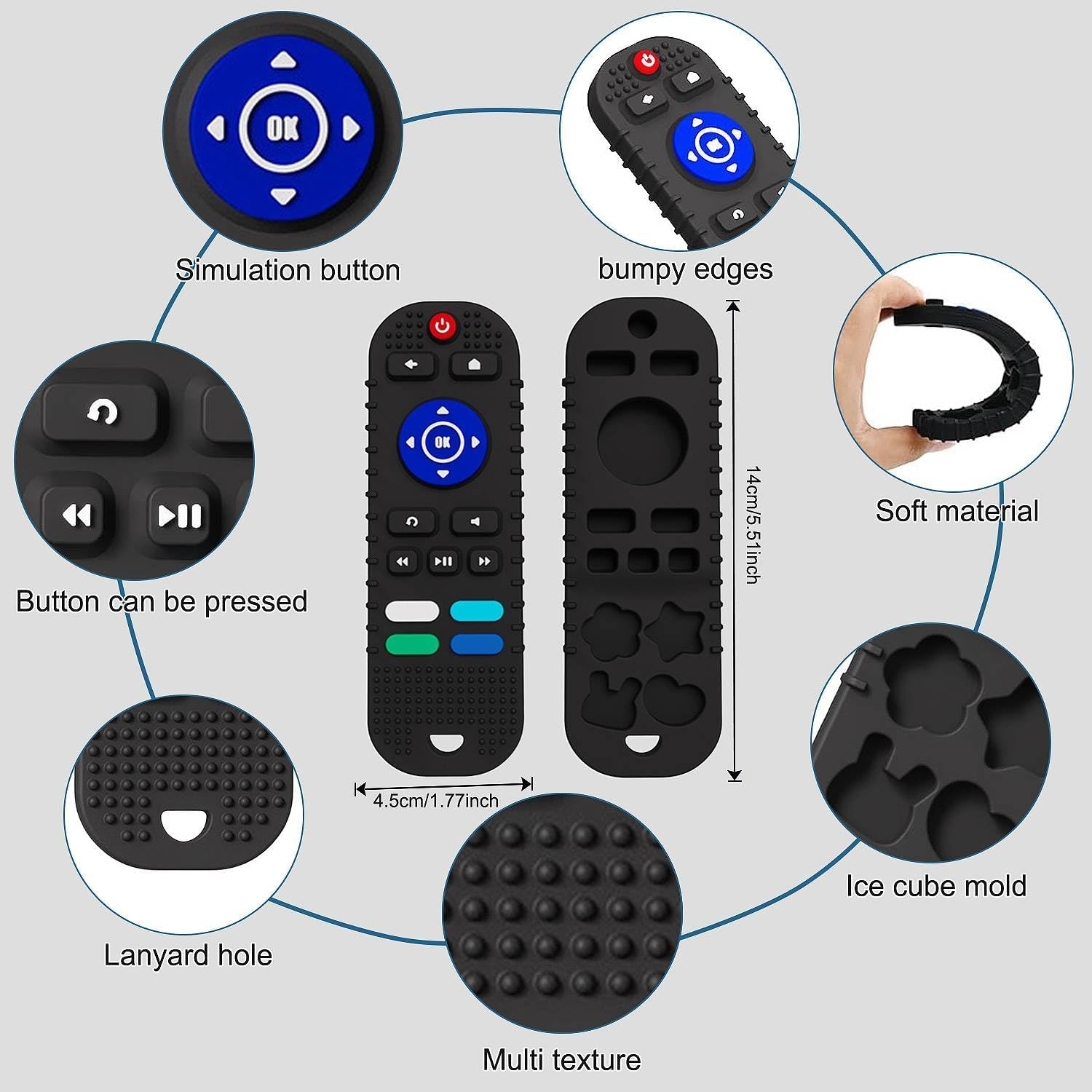 2 Pack Soft Silicone Teething Toys for Toddlers, Babies 0 3 6 9 12 18 Months - Boys Baby Molar Teether Chew Toys Set Gift, TV Remote Control(Black + Grey)