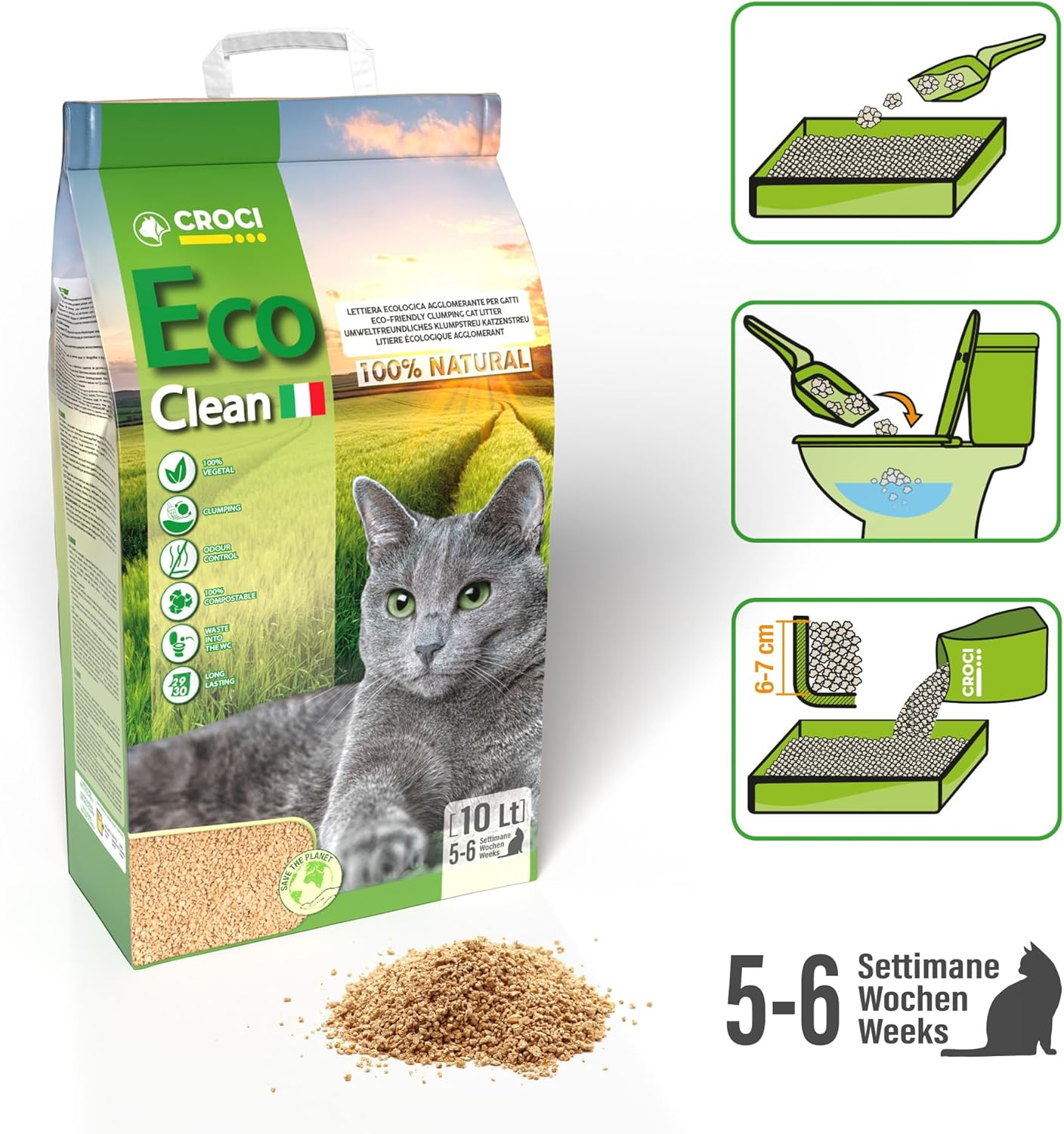 Croci Eco Clean Litter 10 L - Clumping Cat Litter, Biodegradable, Flushes down the Toilet, 100% Vegetable, Long Lasting Anti-Odor Sand