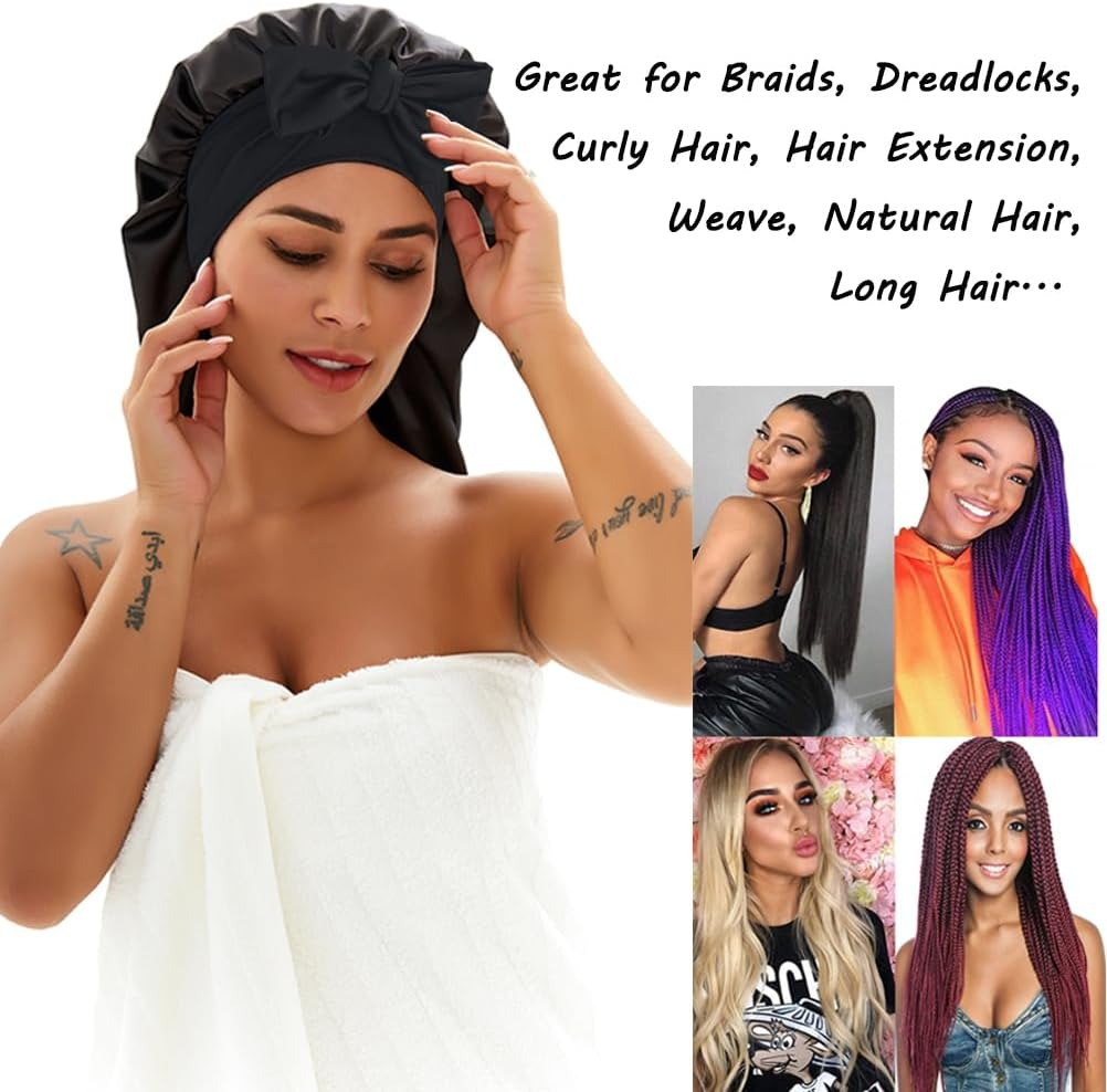 2 Pcs Silk Bonnet for Sleeping, Braid Bonnet Satin Bonnet with Tie Band Sleep Cap for Women Men Long Curly Hair Braids Black image number 6