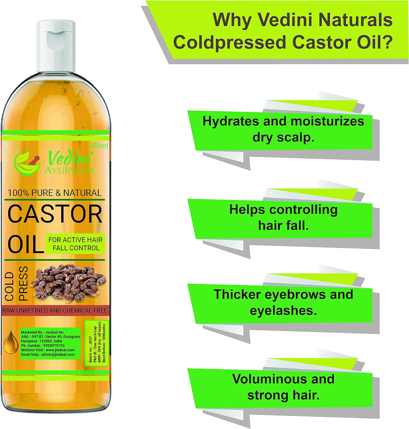 Vedini? Premium Cold Pressed Castor Oil - Pure & Virgin Grade - for Healthy Hair and Skin (200Ml)