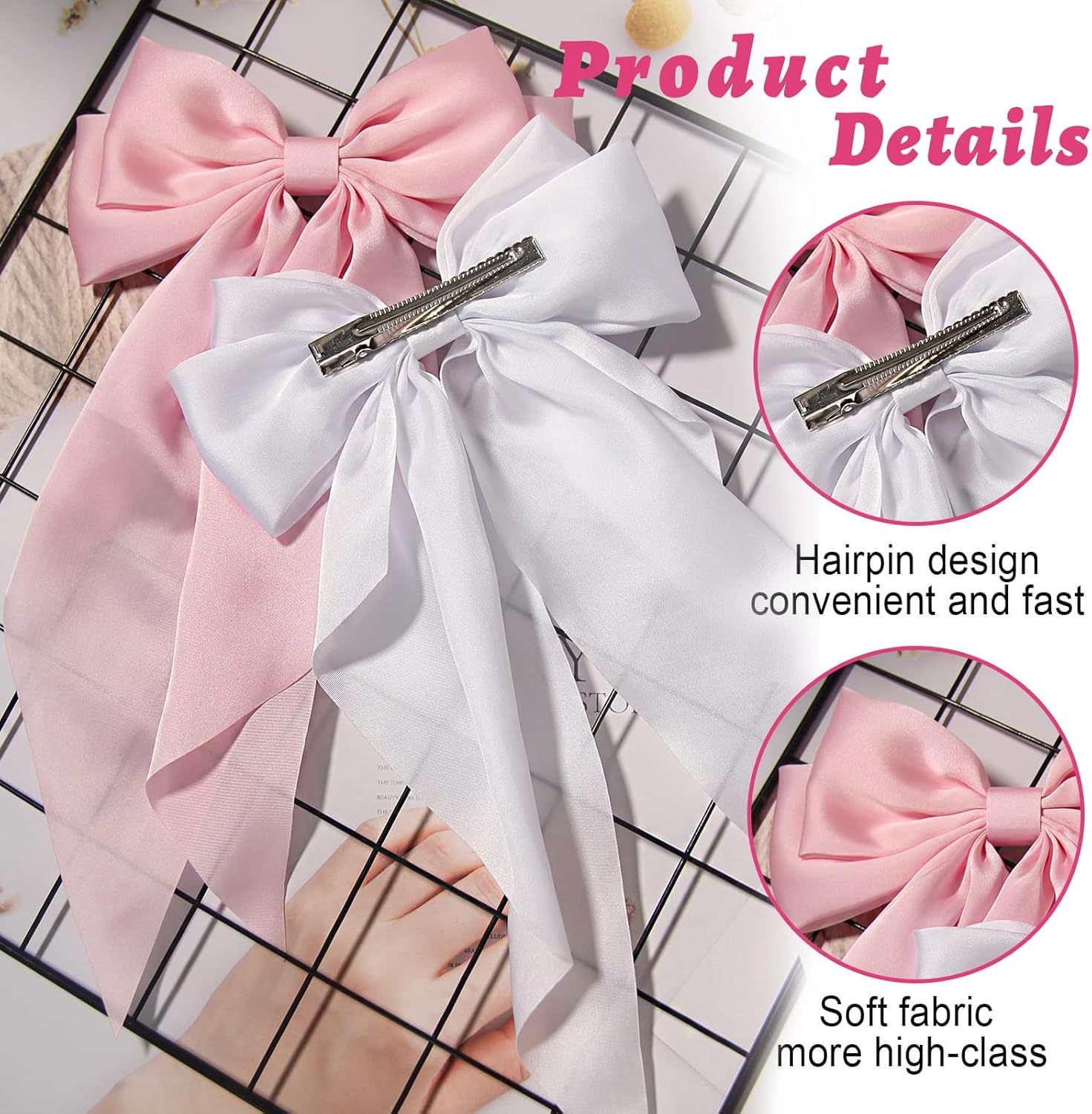 Kinretixia&reg; 2 Pieces Hair Bow Clips for Women Large Satin Hair Bows Long Tail Alligator Clips Big Hair Bow Girls Hair Pink/White image number 2