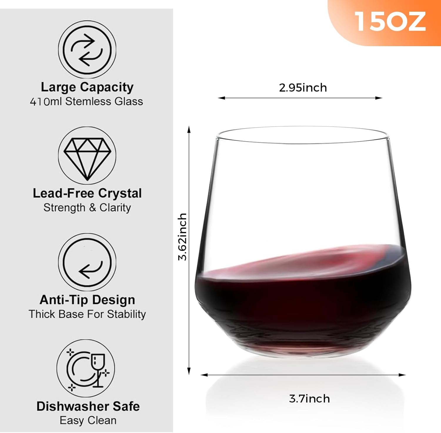 XURUIAU 6Pcs Stemless Wine Glasses for Red, White, Rose Wine, Gin, Cocktail，410Ml，Modern Design Drinking Glasses Set image number 4
