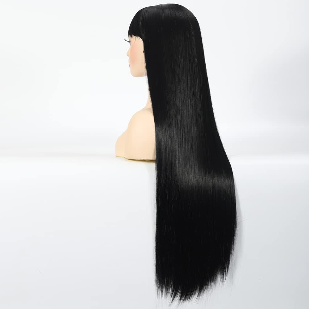 Wig Black Long Straight Wig for Women, Synthetic Fibre Smooth Wigs with Fringe for Women, 80 Cm Long Straight Black Synthetic Wig with Fringe Bangs for Women