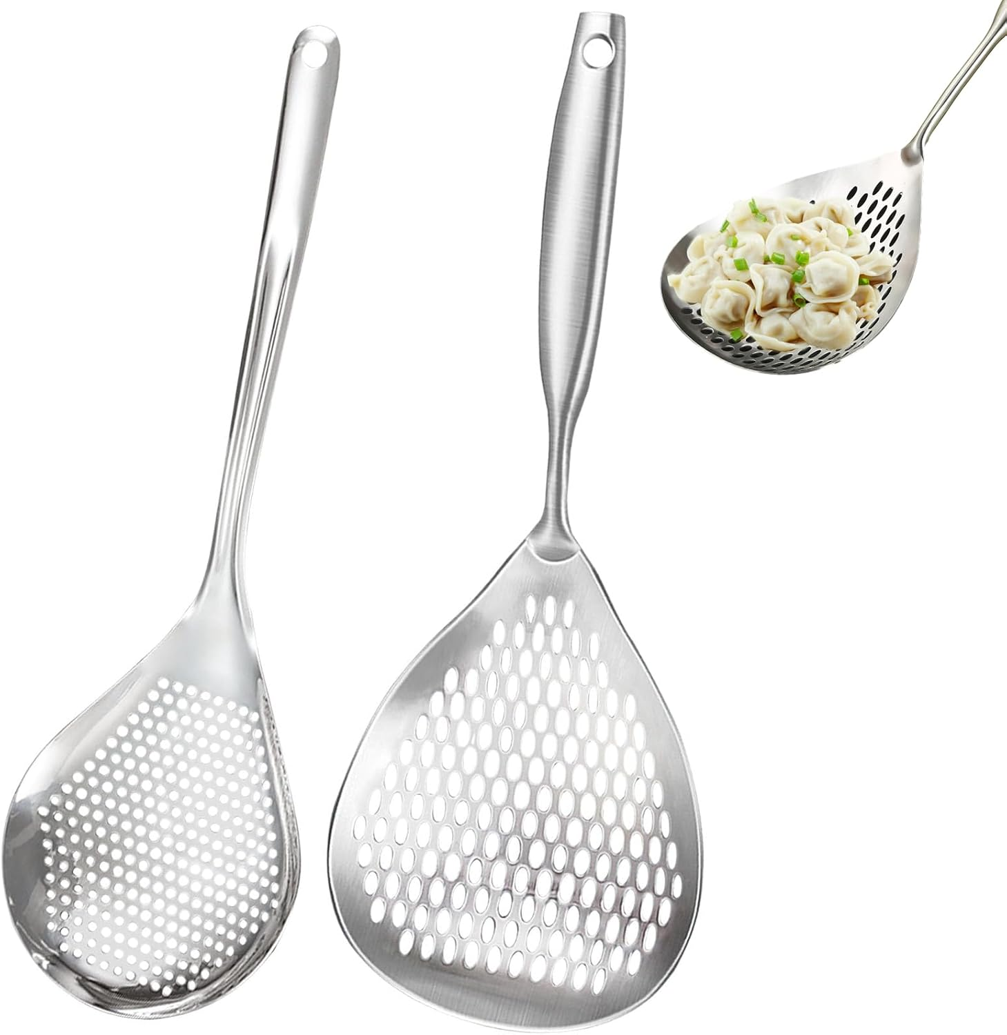 2 Pack Stainless Steel Skimmer Slotted Spoon Set for Frying and Cooking - Pasta Spider Strainer Ladle Spoon Combo - Kitchen Essential for Efficient Cooking and Straining image number 4