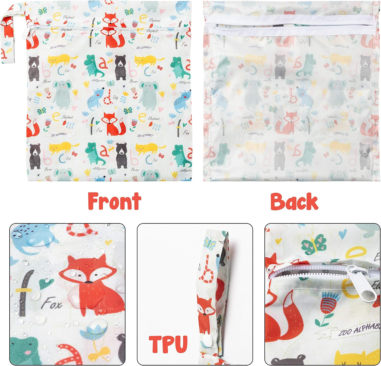 R Horse 5 Pcs Waterproof Reusable Wet Bag Diaper Baby Cloth Diaper Wet Dry Bags with 2 Zippered Pockets Travel Beach Pool Bag with Polar Bear Dinosaur Animal Alphabet Crocodile Pattern (3 Sizes) - Zoo image number 2