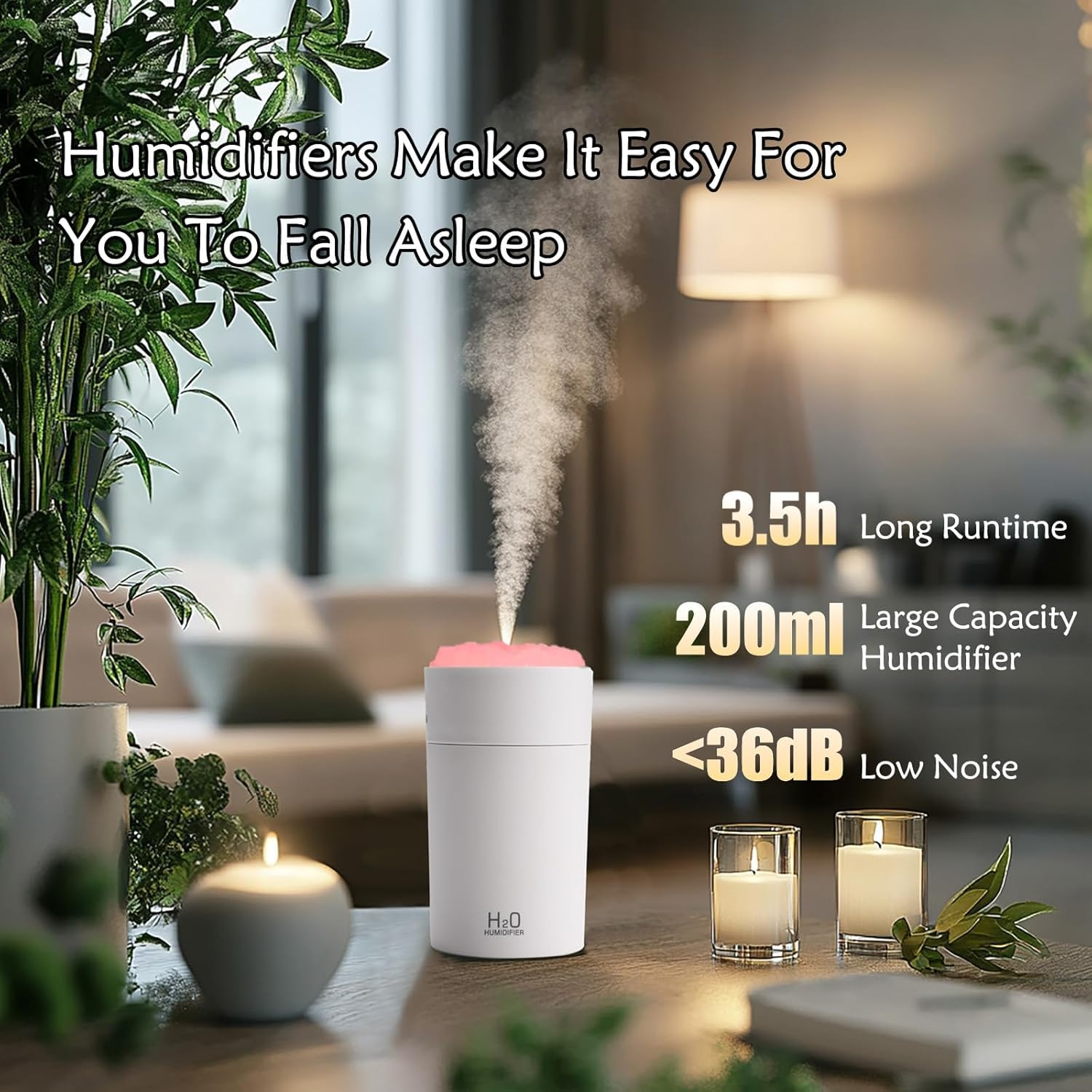 Air Humidifiers for Bedroom, Portable Mini Humidifier with 7-Color Night Light, Essential Oil Diffuser USB Cool Mist Humidifier, Auto Shut-Off, 2 Mist Modes, for Car, Office, Bedroom (220Ml, White)
