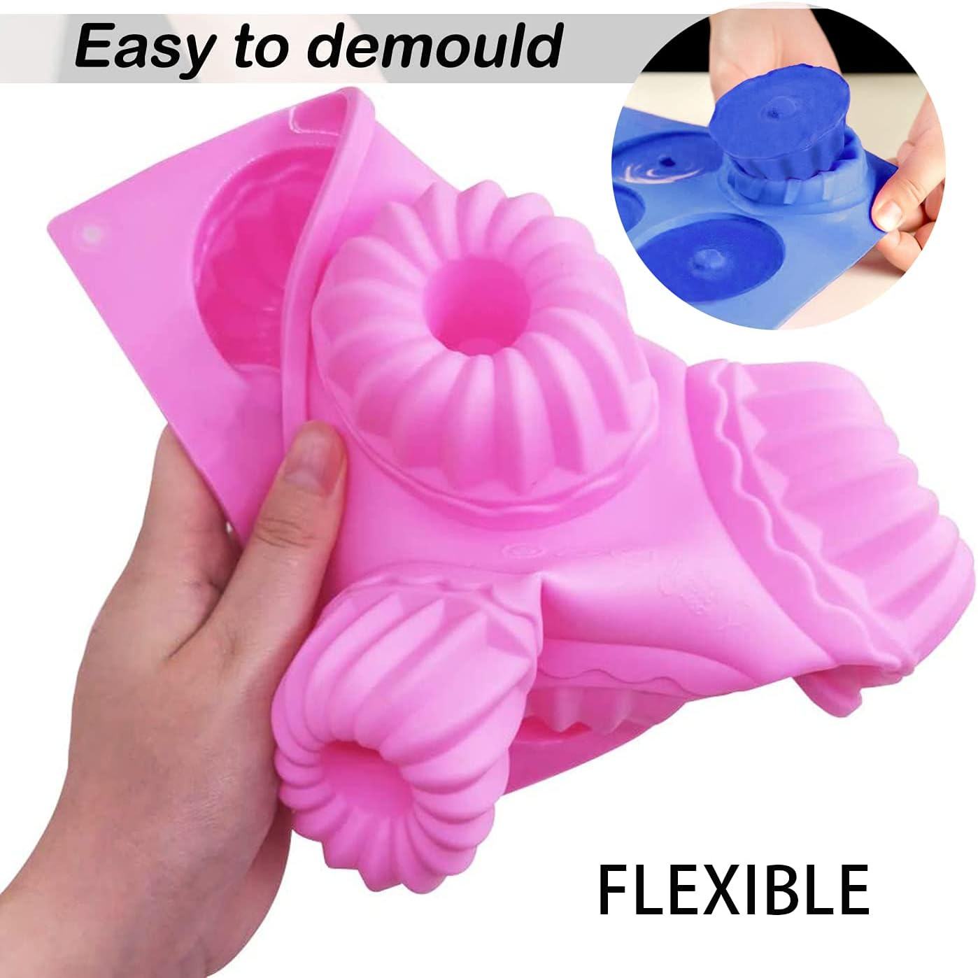 SAGOOITS Silicone Mini Bundt Cake Pans, 6-Cavity Fluted Tube Cake Pan, Non-Stick Silicone Baking Mold for Cupcakes, Donuts, Cornbread, Brownies, Jellies-2 Packs (Pink, Blue) image number 6