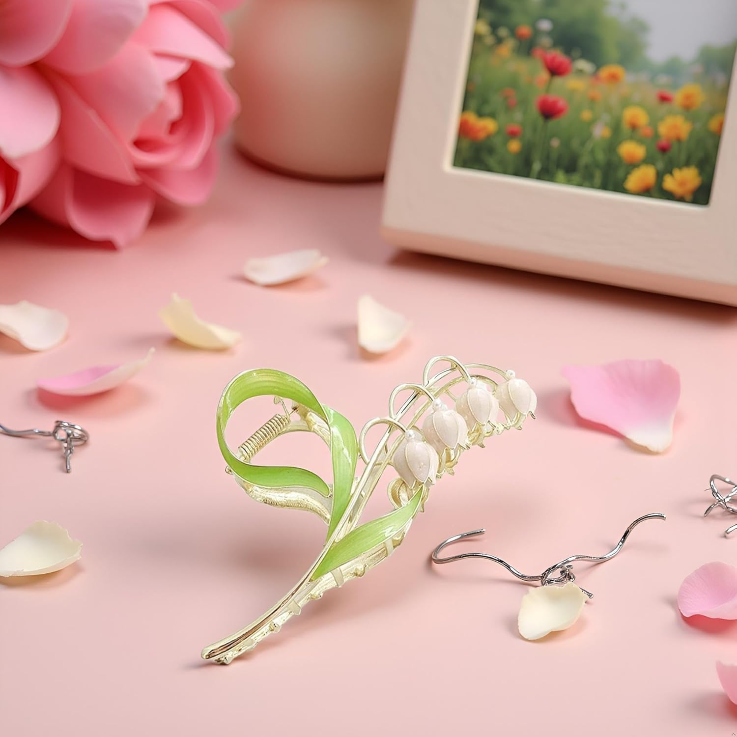 Pink Lily of the Valley Flower Hair Clips, Large Metal Claw Clip,Orchid Clamps,Lily Jaw Clamp Hair Styling Accessories for Thick Thin, Clips and Barrettes image number 6
