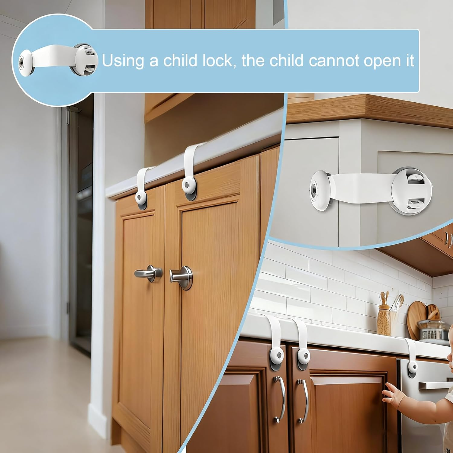 Child Proof Cupboard Locks, 2PCS Baby Proofing Latches for Cabinets and Drawers, No Tools Needed for Installation, Fridge Lock for Kitchen, Bathroom, Living Room and Office, 23.5 * 4.9Cm, Grey image number 3