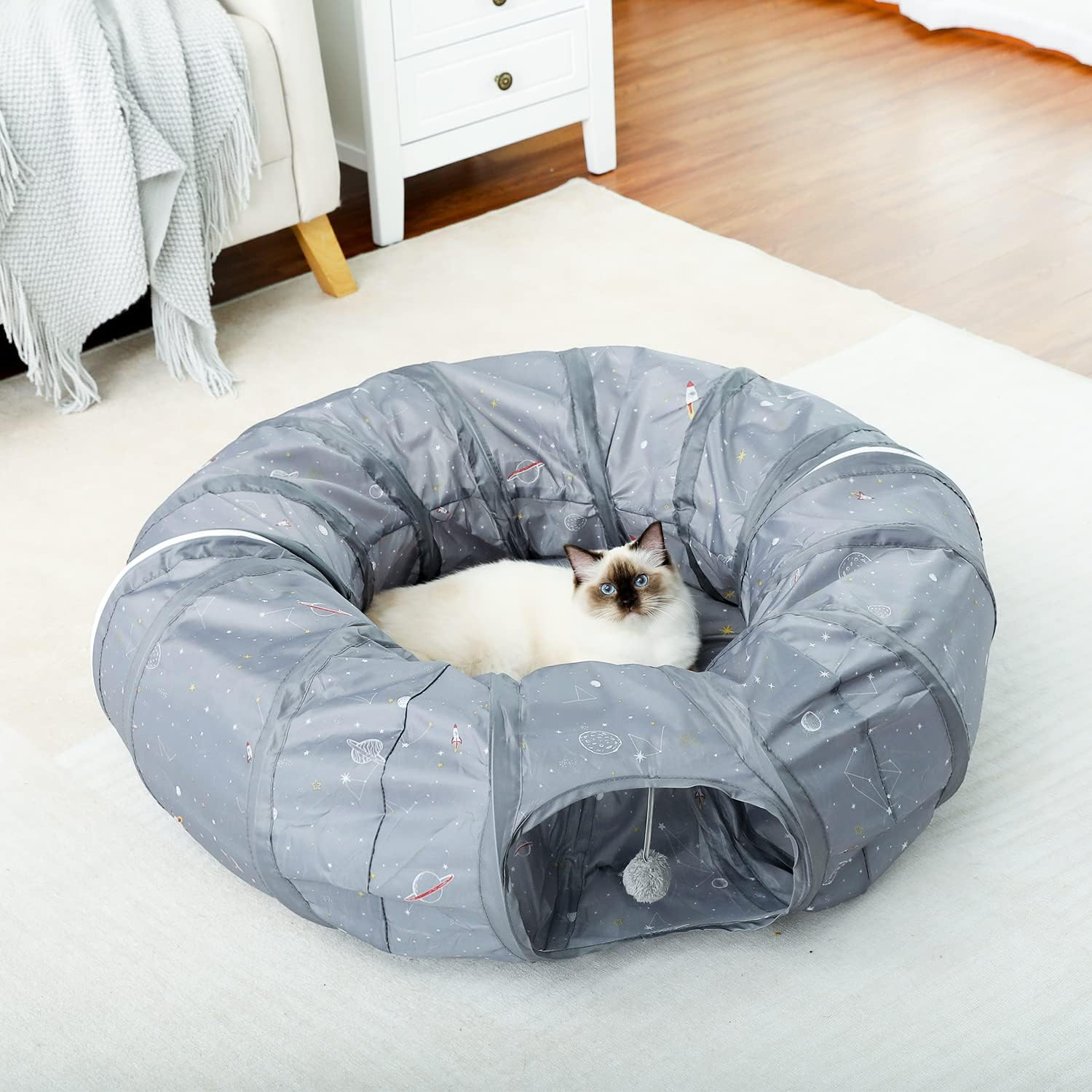 PAWZ Road Cat Tunnel Bed with Central Mat and Peek Hole Cat Bed with Cat Toy Hanging Balls image number 3